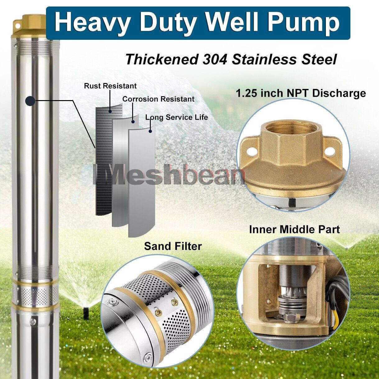1 HP 3" Deep Well Submersible Pump, 110V, 60Hz, 13GPM, 247 ft Max,100ft Cord