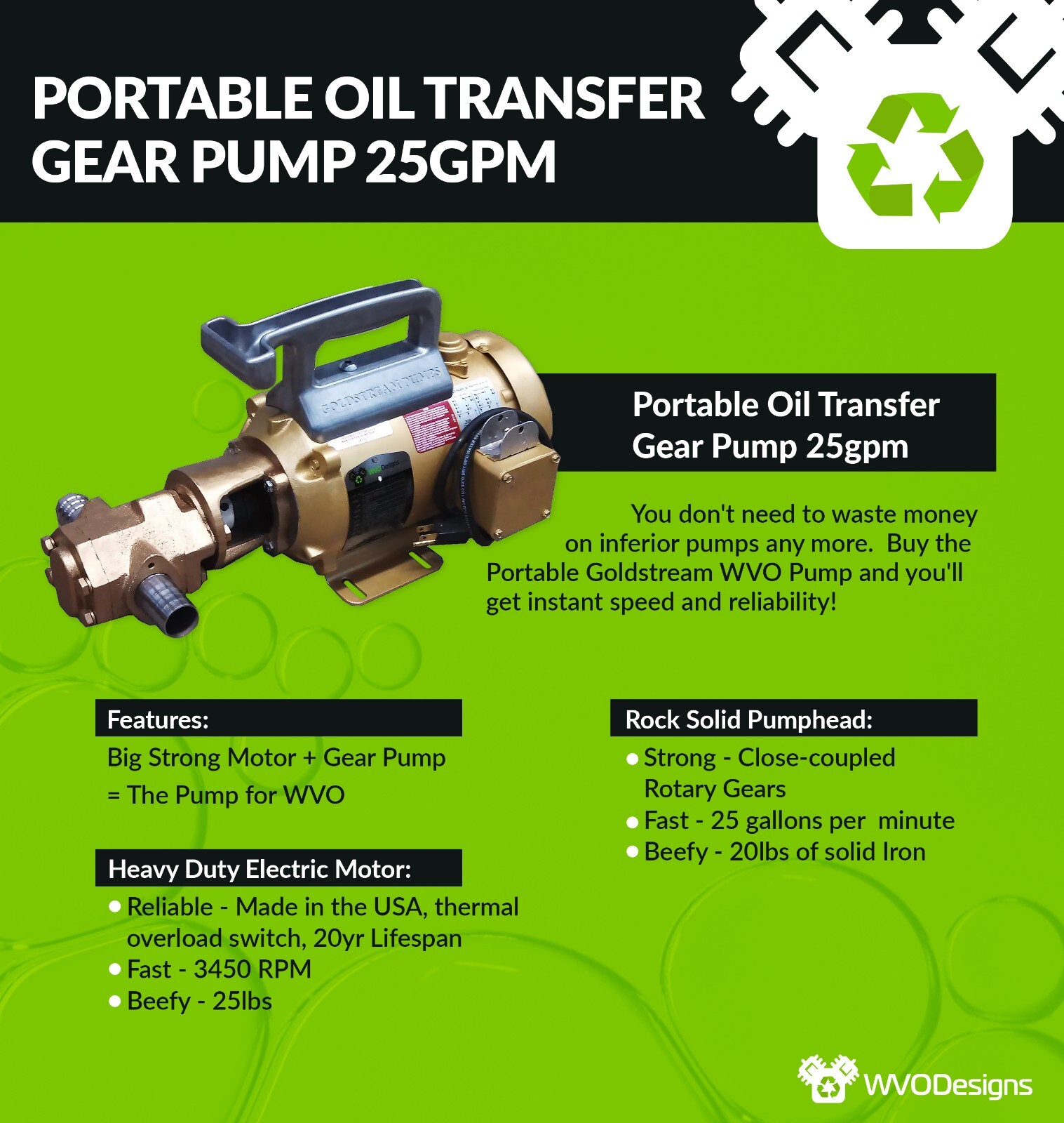 WVO Designs Portable Oil Transfer Gear Pump 25gpm, Goldstream Portable Oil Pump