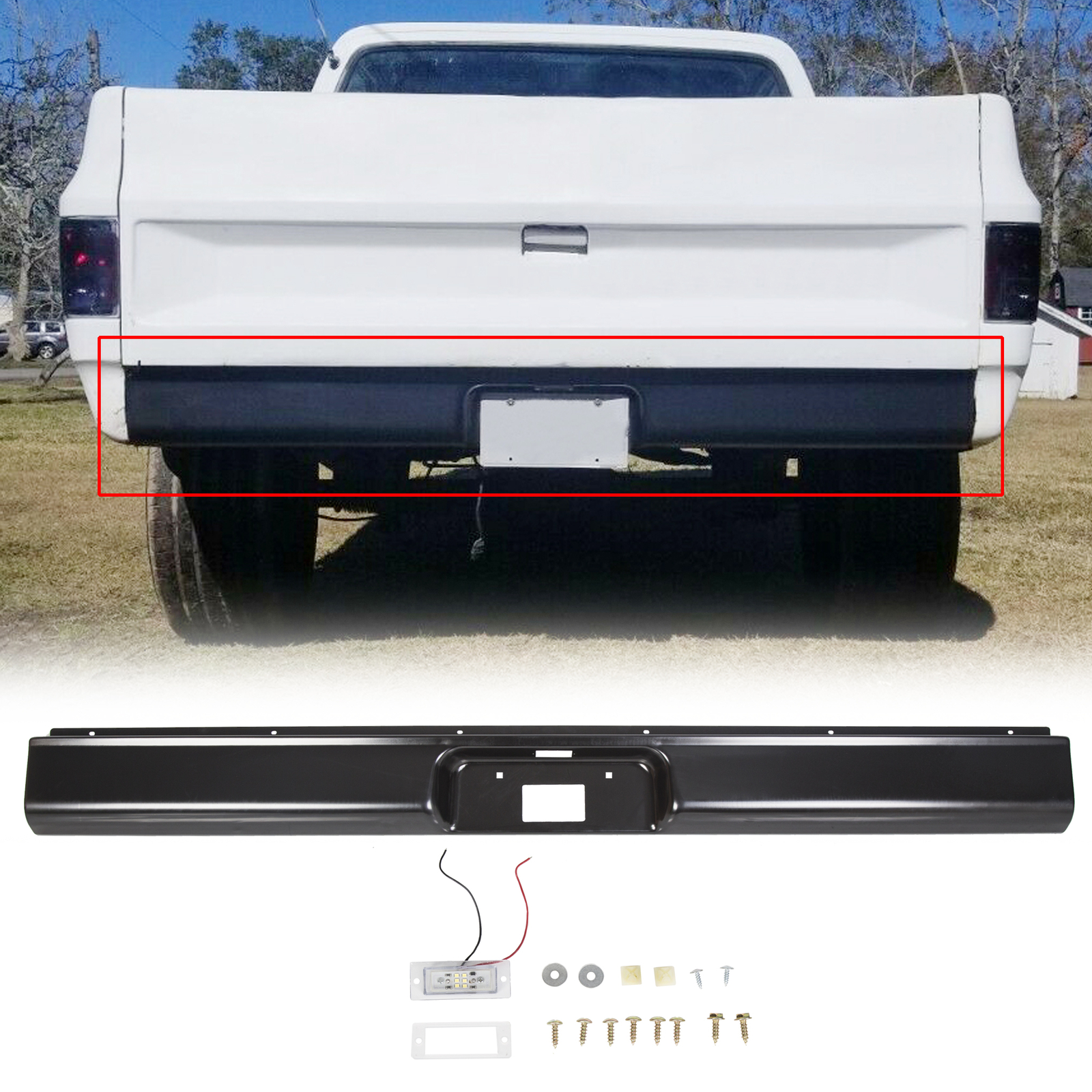 Rear Bumper Roll Pan w/LED Light & Screws For 1973-1987 Chevy C10 C20 Fleetside
