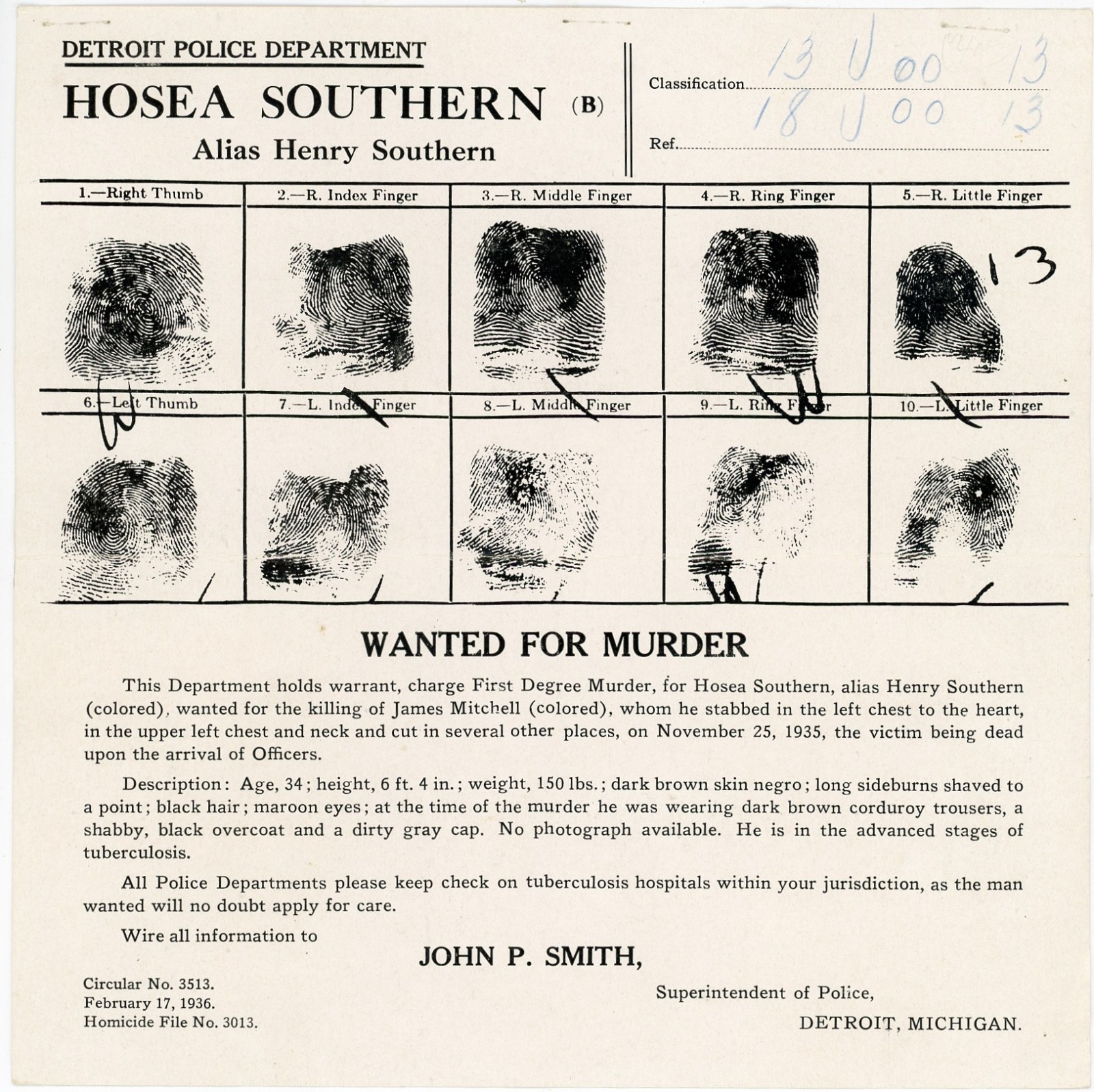 Wanted for Murder Hosea Southern orig 1936 Detroit Police Department Posting