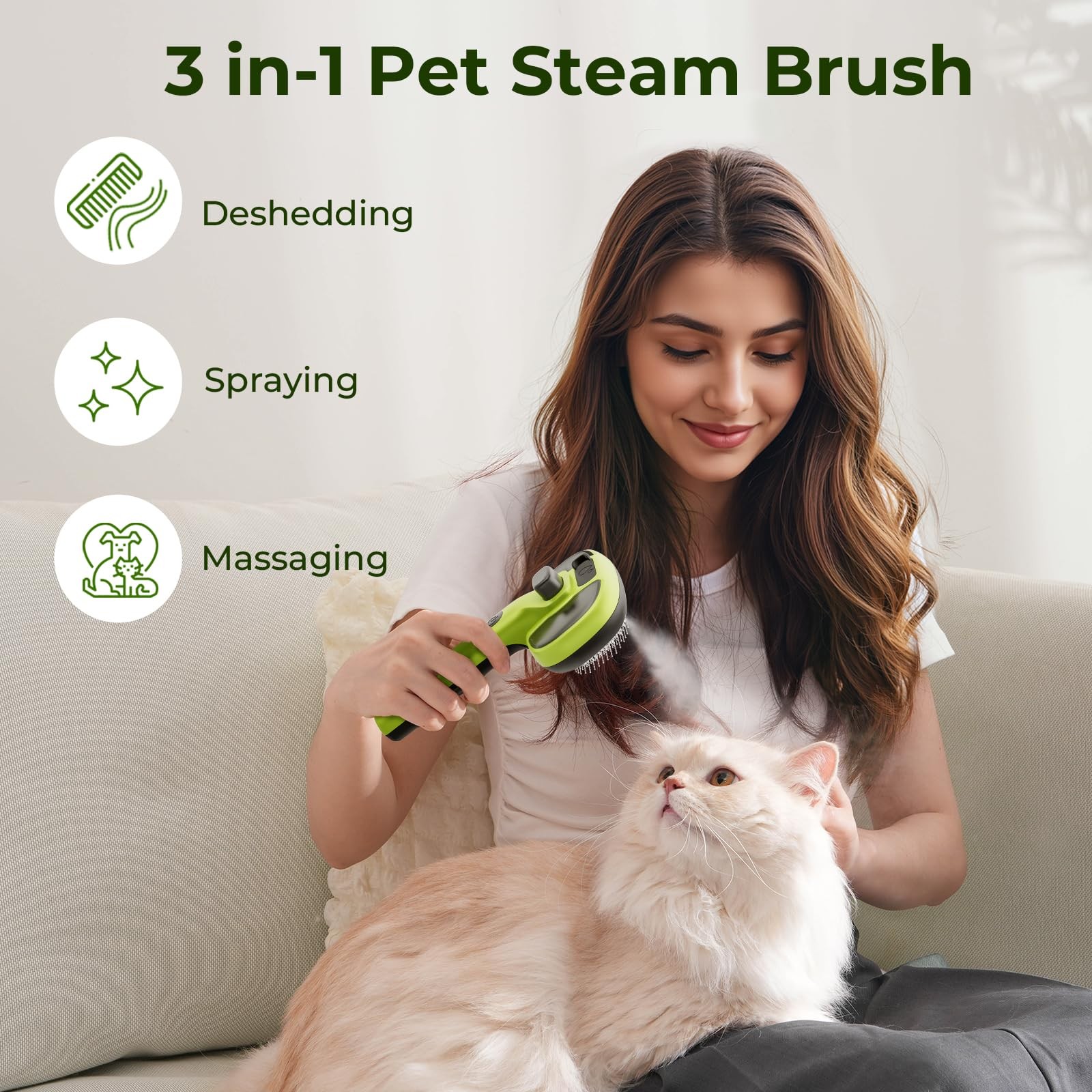 Pecute Cat Steam Brush, Self-Cleaning Brush with 2 Water M, Green