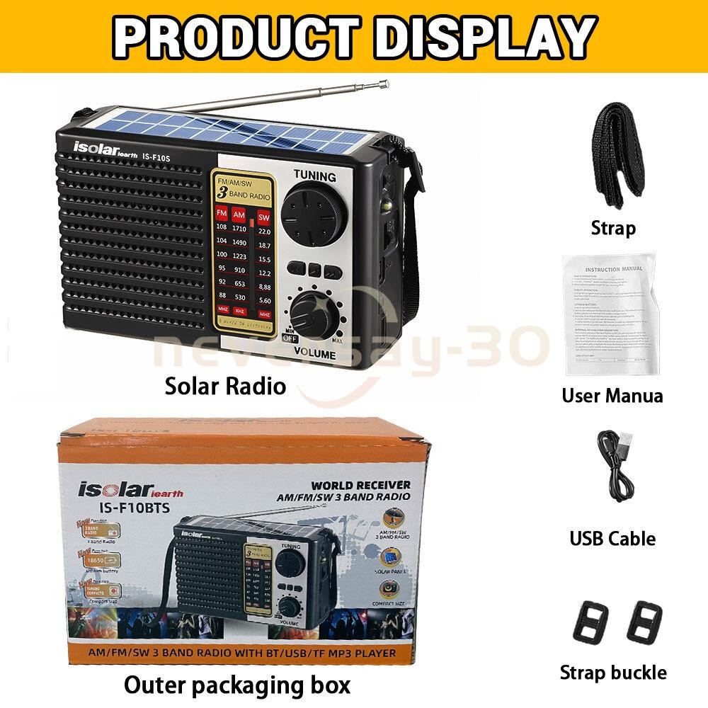 Solar Portable FM/AM SW Radio Digital Bluetooth Speaker MP3 Player Rechargeable