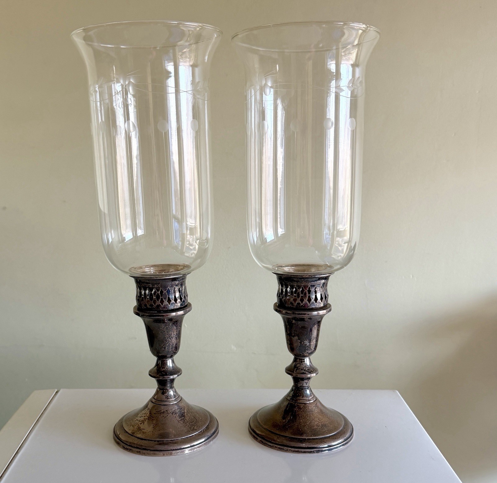 Vintage TOWLE Sterling Weighted Candlestick Pair, Etched glass Shades, 12 1/2”