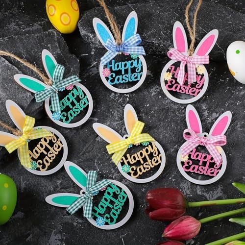 4 Pcs Bunny Tree Ornament Wooden Hanging Happy Easter Ornaments with Bunny-2