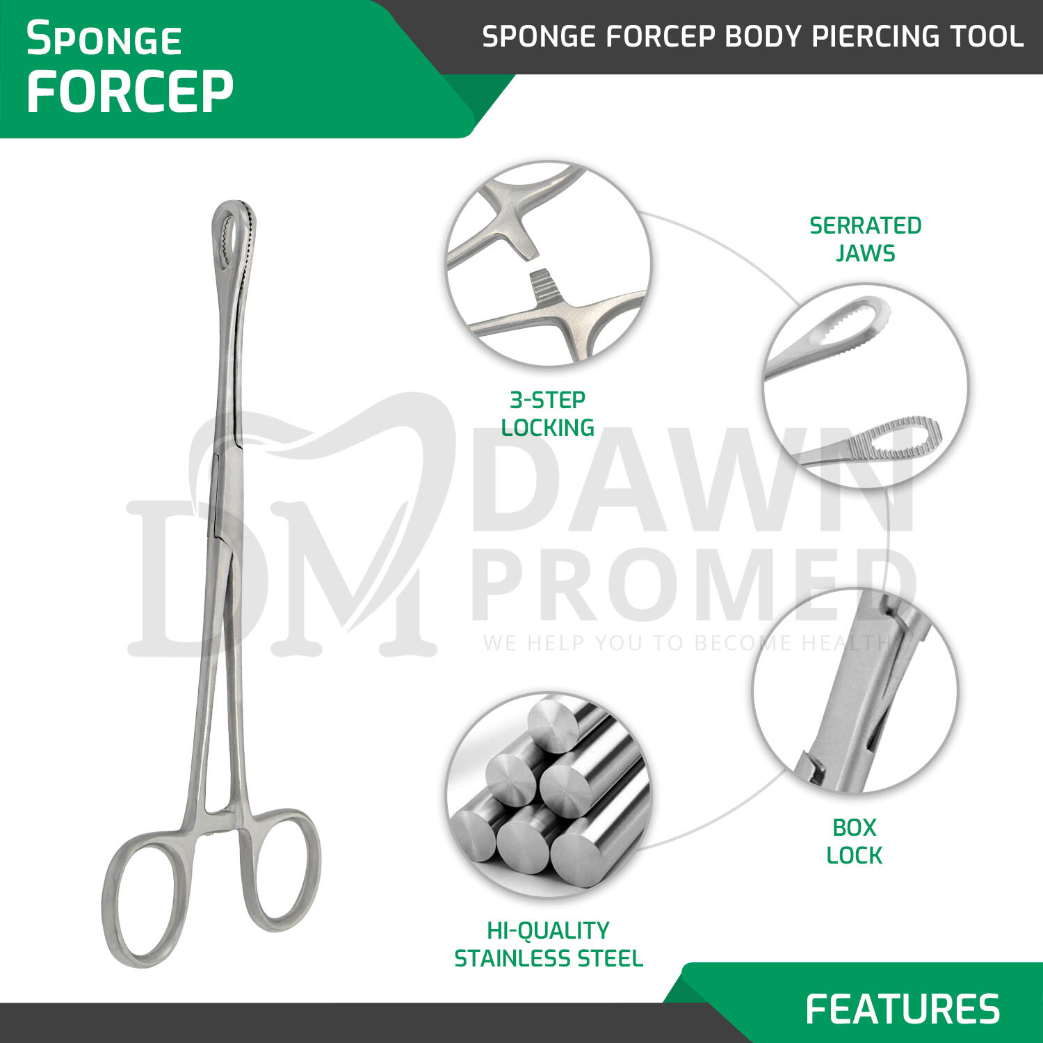 7 Body Piercing Instruments Kit Tools Penington Sponge Forceps, Skin Jewelry set