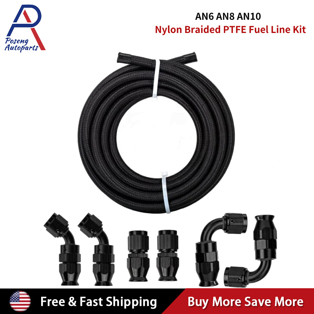 6AN-8AN-10AN Black Nylon E85 PTFE Fuel Line 10-30FT w/6 or 10 Fittings Hose Kit