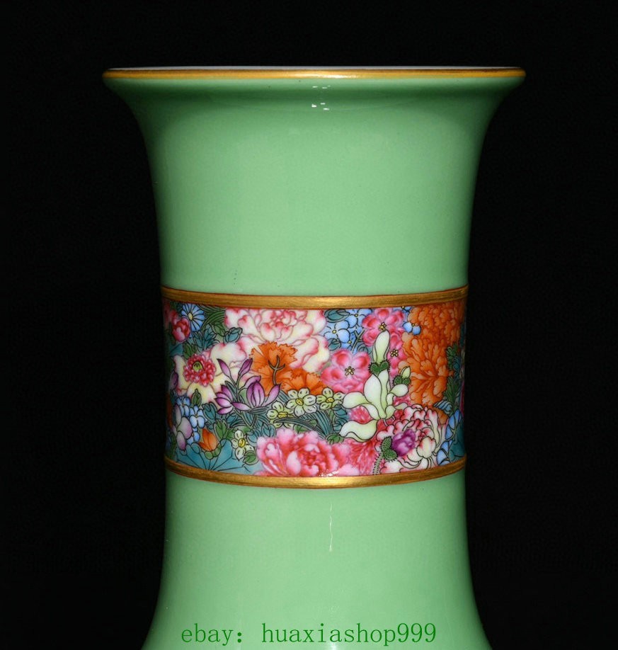 9.2"Old Green Glaze Famille Rose Porcelain Gilt Flower Pattern Bottle Vase