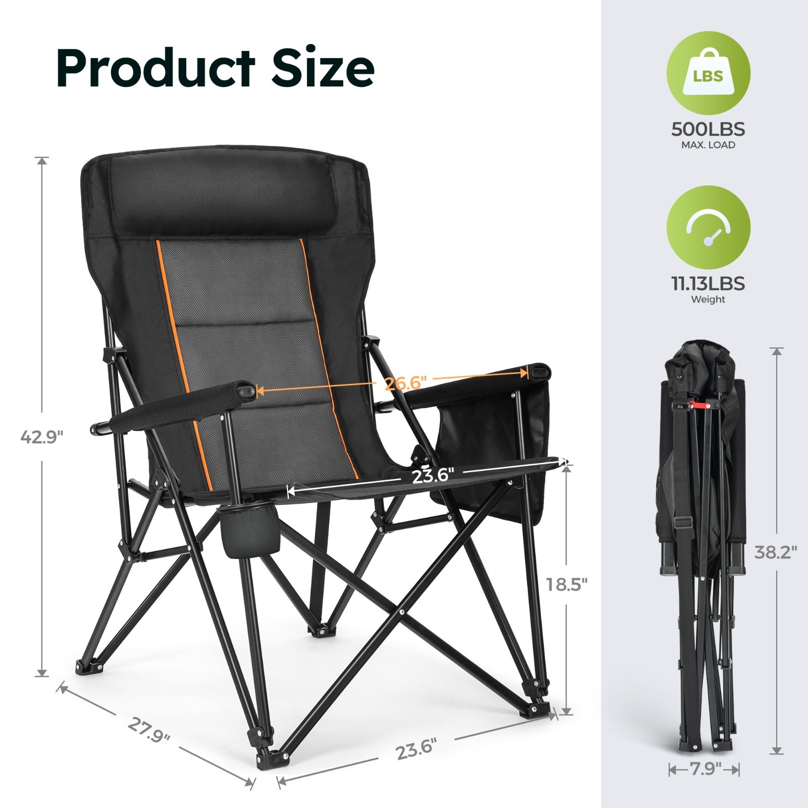 Heavy Duty Camping Chairs Oversize Folding Chair High Back Support 500lbs Black