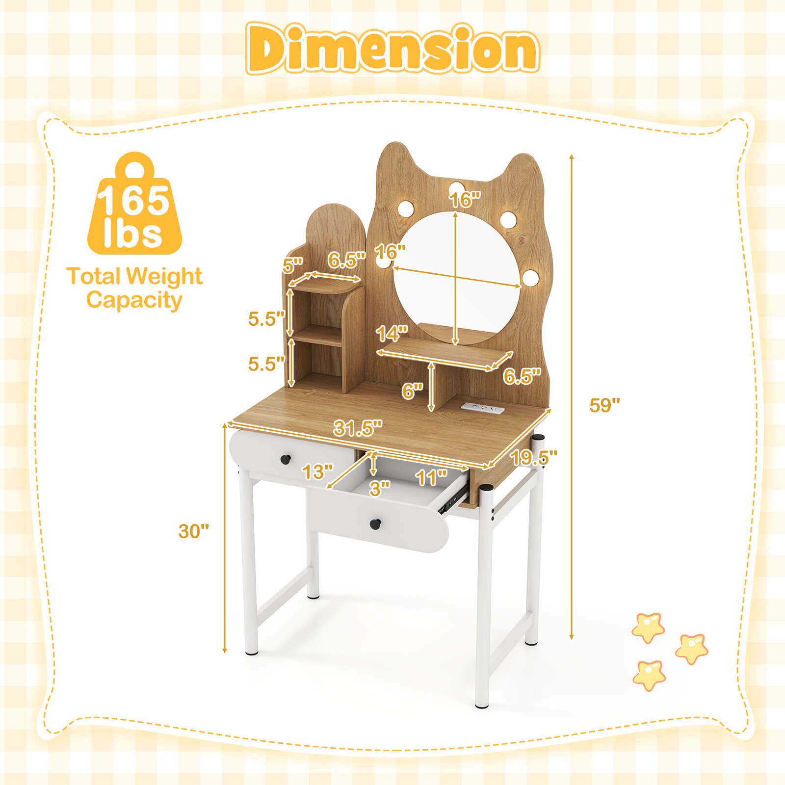 Small Vanity Desk with Mirror and Lights Cute Kitty Makeup Table w/Power Outlets