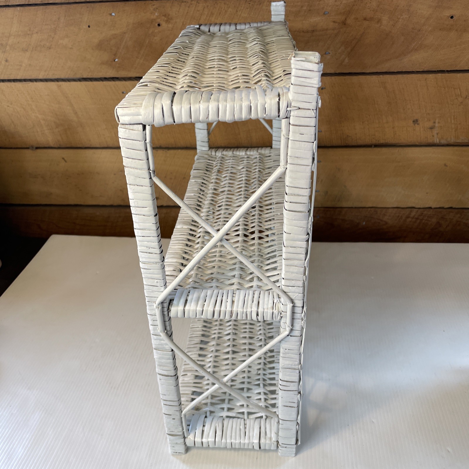 Vtg White Wicker Wall or Free Standing Shelf Boho, Shabby Chic, Cottage, Beach