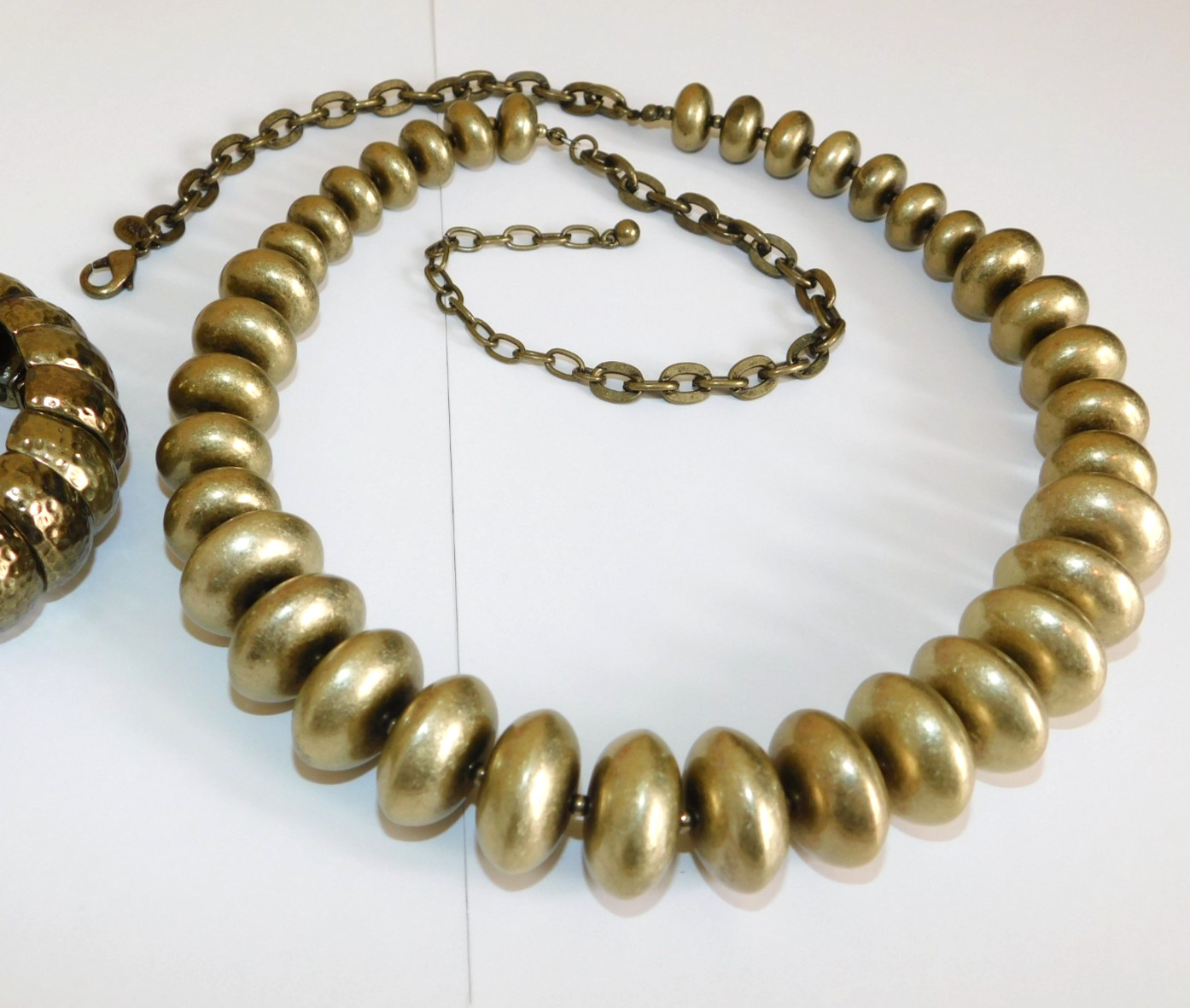 Vtg JOAN RIVERS Brass Tone Graduated Disc Bead Necklace & Stretch Bracelet Lot