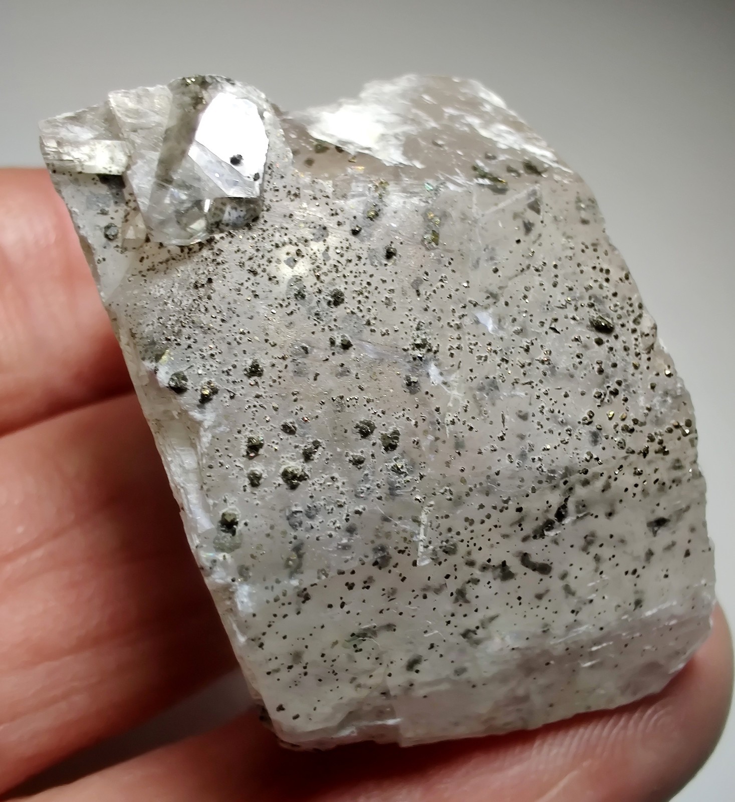 Calcite crystal with Pyrite crystals, fluorescent. Klein Quarry, Iowa. 45 grams.