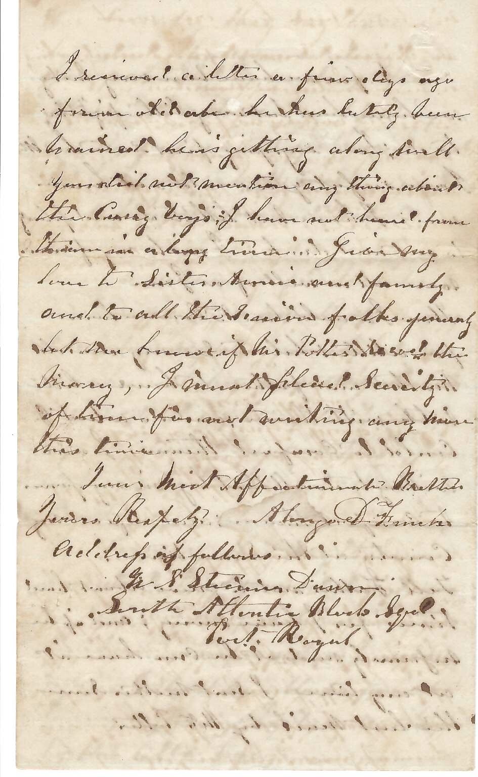 Union Private Writes Brother About Port Royal Aboard US Steamer Dawn