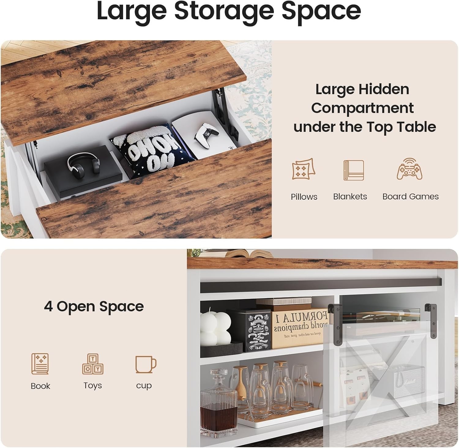 31.5" Lift Top Coffee Table with Storage, Farmhouse Square Coffee Table