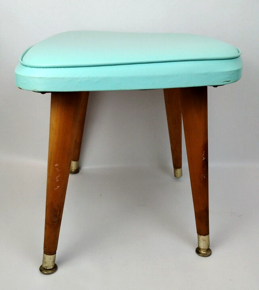 1963 Daystrom Atomic MCM Aqua Blue Vinyl Foot Stool 14" Tapered Peg Leg Gold Tip