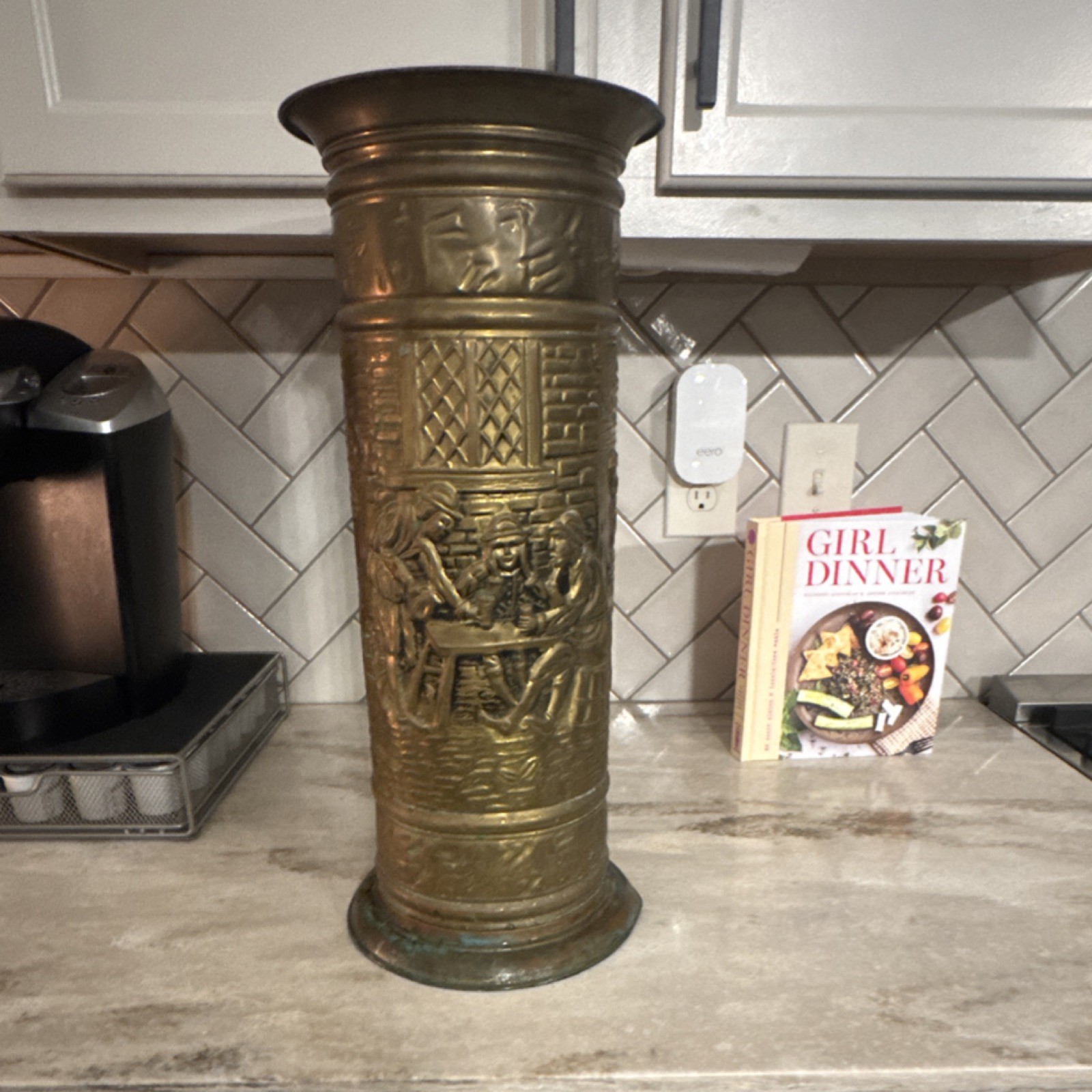 Antique Vintage Brass Embossed Figural Umbrella Stand