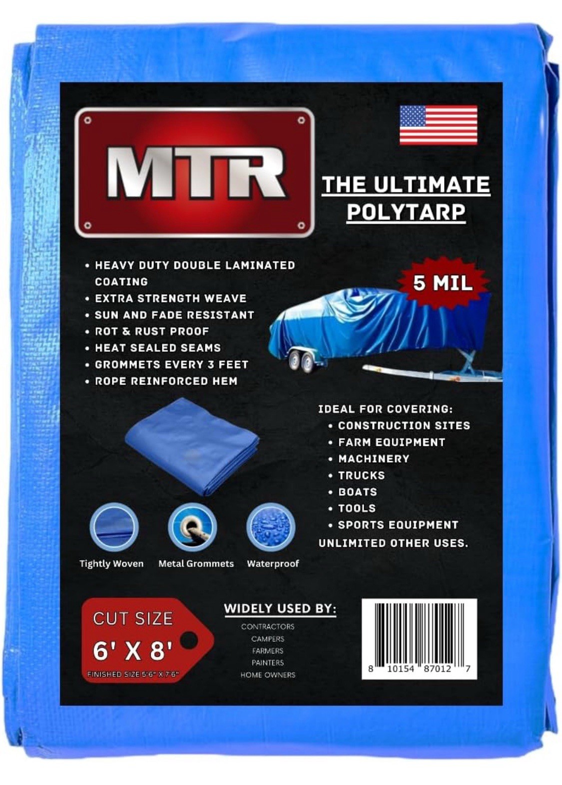 MTR 5 Mil Ultimate Poly Tarp 6ft X 8ft Blue Tarp Heavy Duty Tarp Water Proof