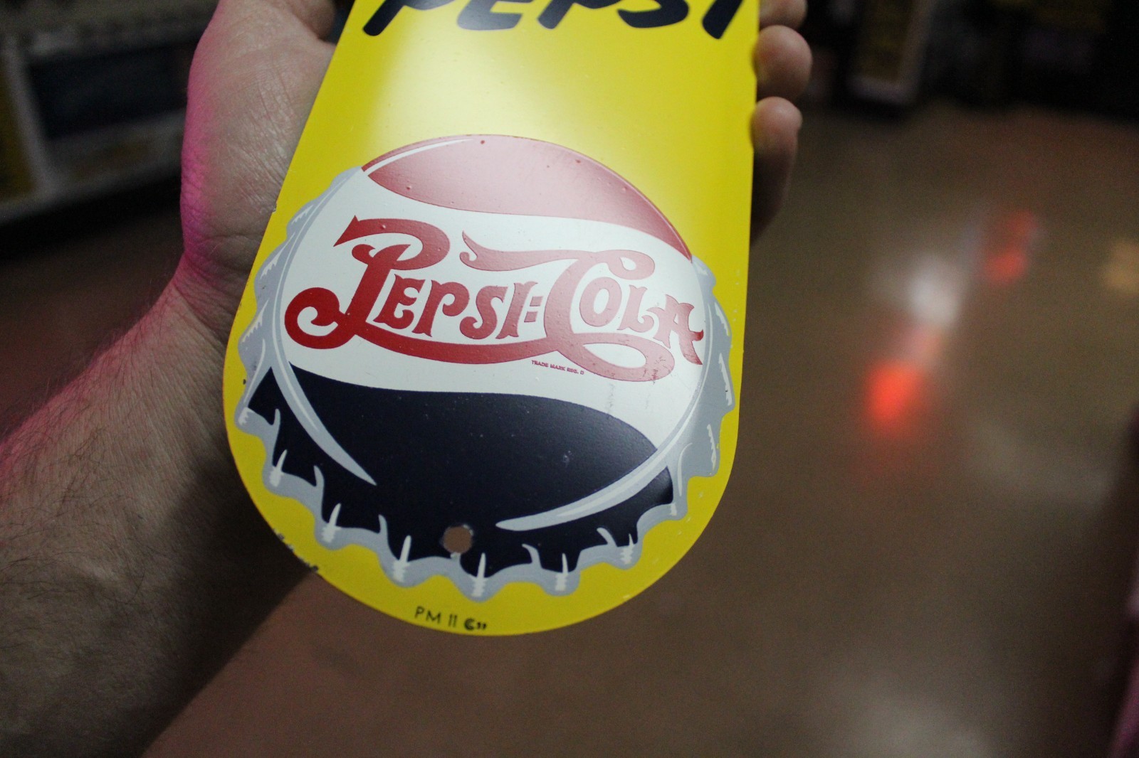 RARE 1950s PICK A PEPSI COLA STAMPED PAINTED METAL DOOR SIGN BOTTLE CAP DOUBLE