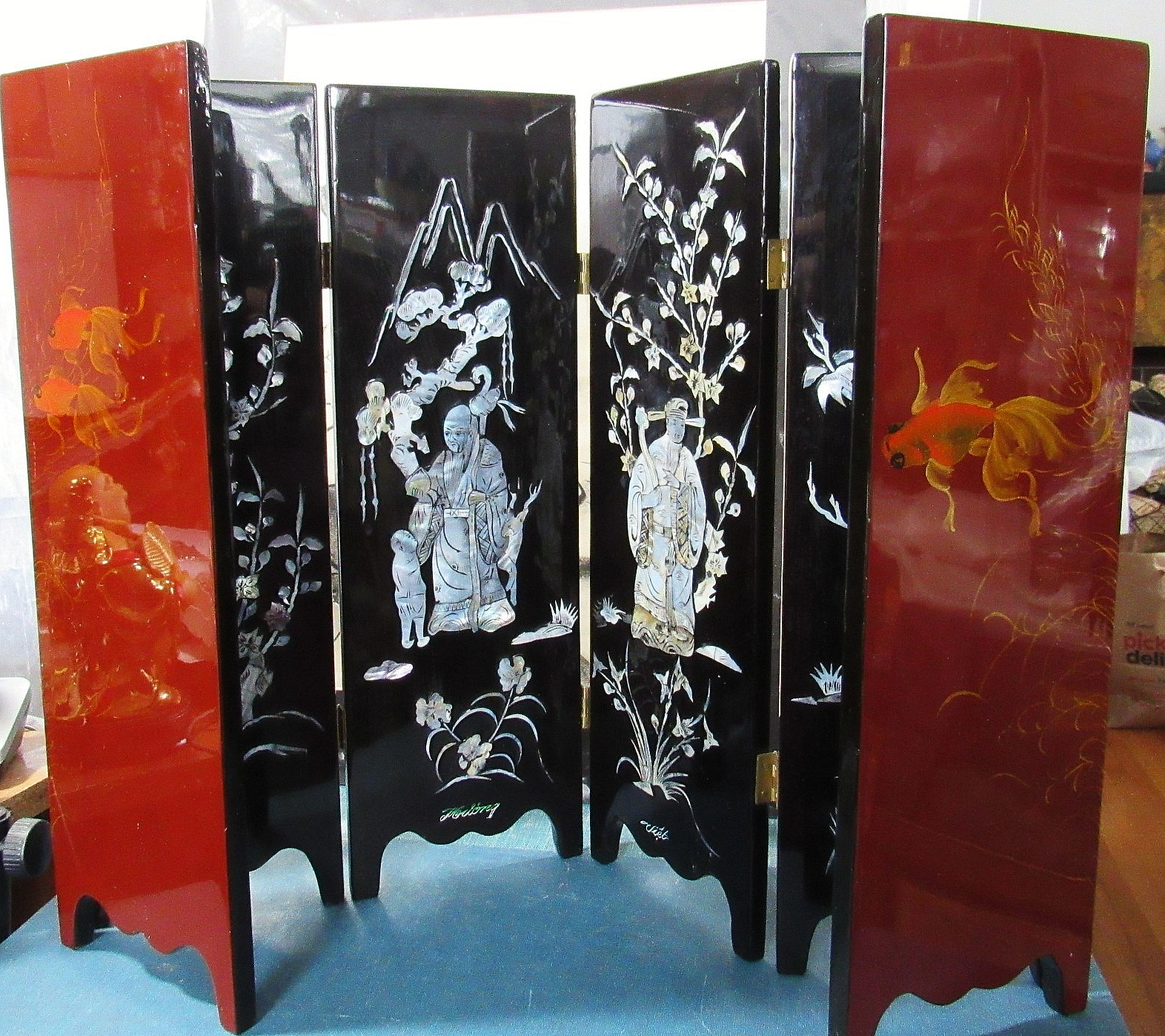 Asian 6 Panel 2 Side Lacquer Wood MOP Abalone Gold Fish Screen Divider 14"x28"