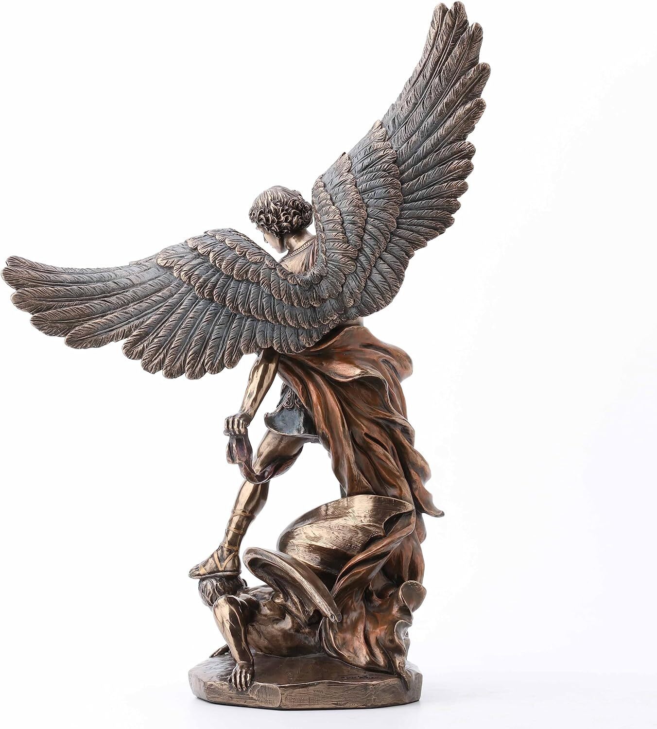 14 1/2" Saint Michael Archangel Standing on Demon Statue Antique Bronze Color