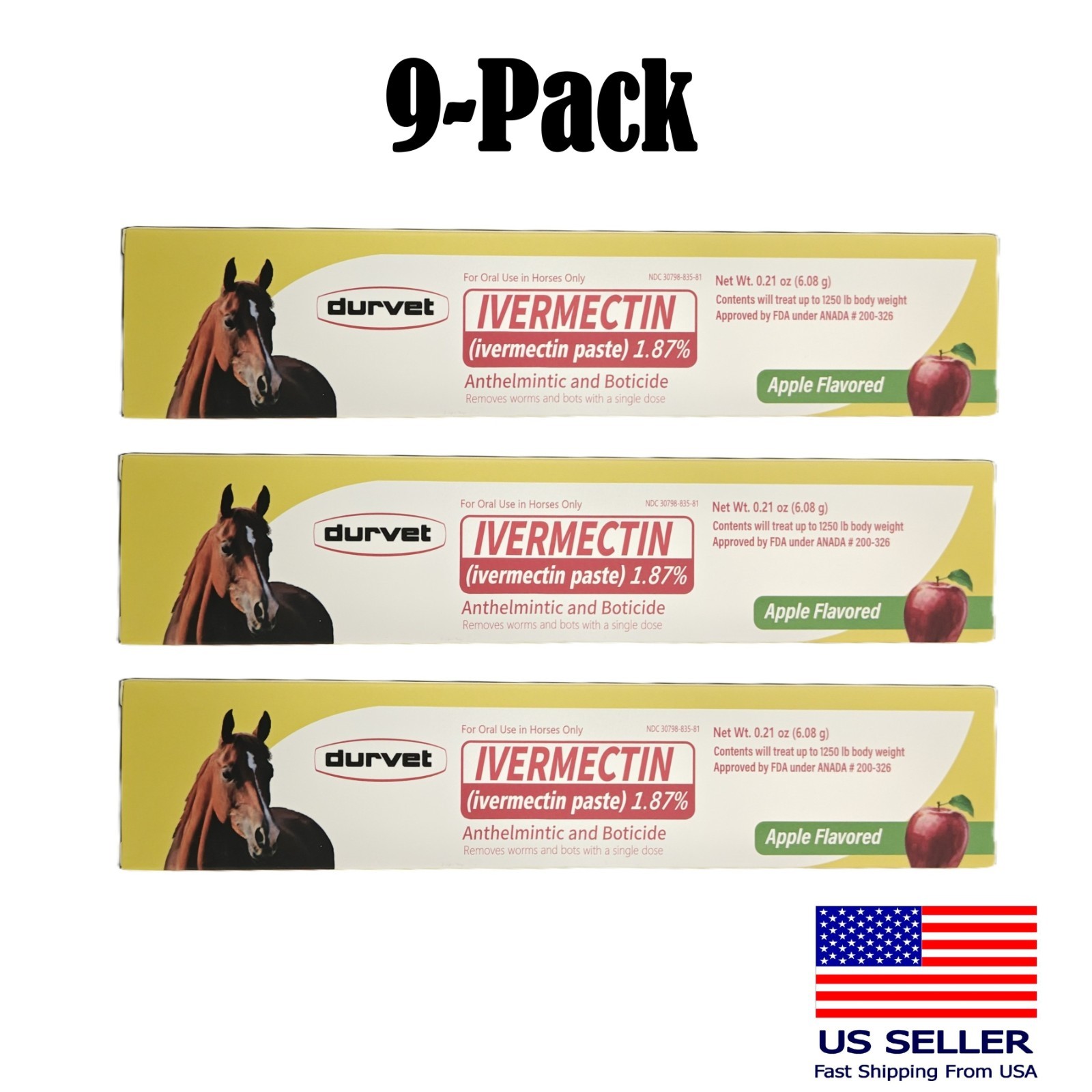 Lot of 9 Horse Dewormer Paste 1.87% - Apple Flavor - EXP: 10/2027+