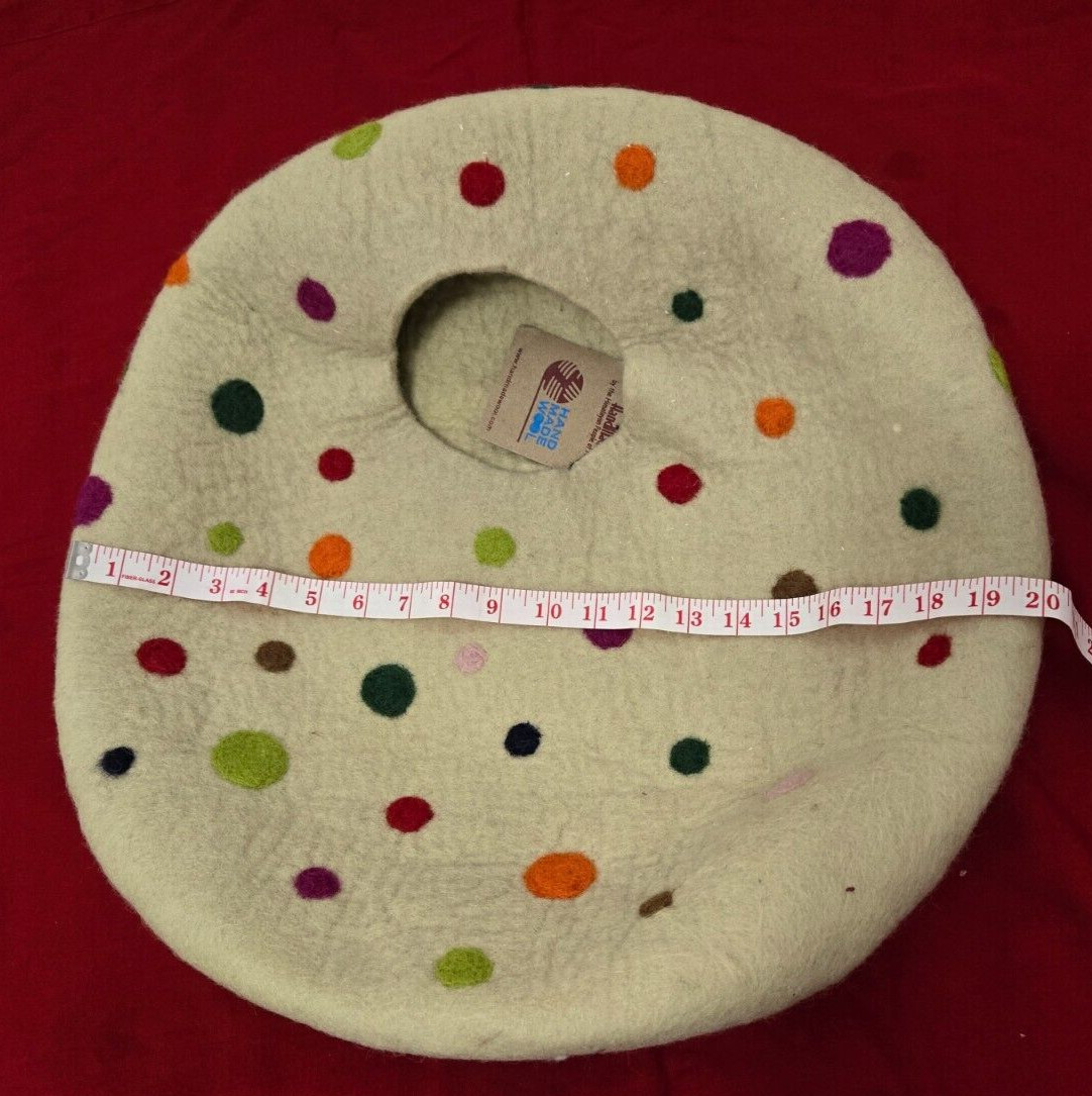 Hand Made in Nepal Felted Wool Cat Cave Light Beige w/ Multicolor Polka Dots