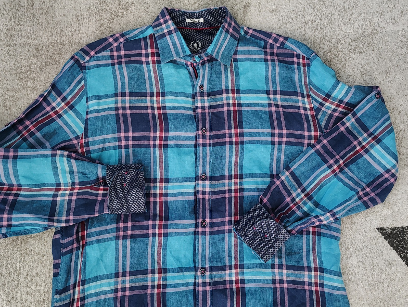 BUGATCHI Turquoise & Pink PLAID Mens LINEN Shirt Classic Shaped Fit L/XL 48"