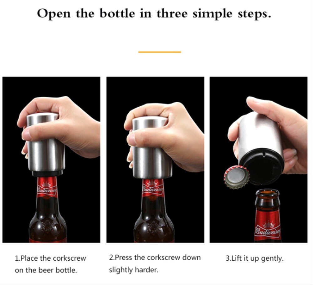 2-Pack Stainless Steel Automatic Beer Soda Bottle Opener - Easy Push Down Cap