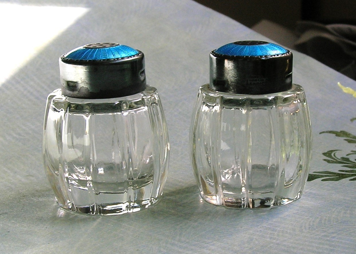 GLASS STERLING ENAMEL SALT AND PEPPER SHAKERS VINTAGE DANISH EXCELLENT CONDITION