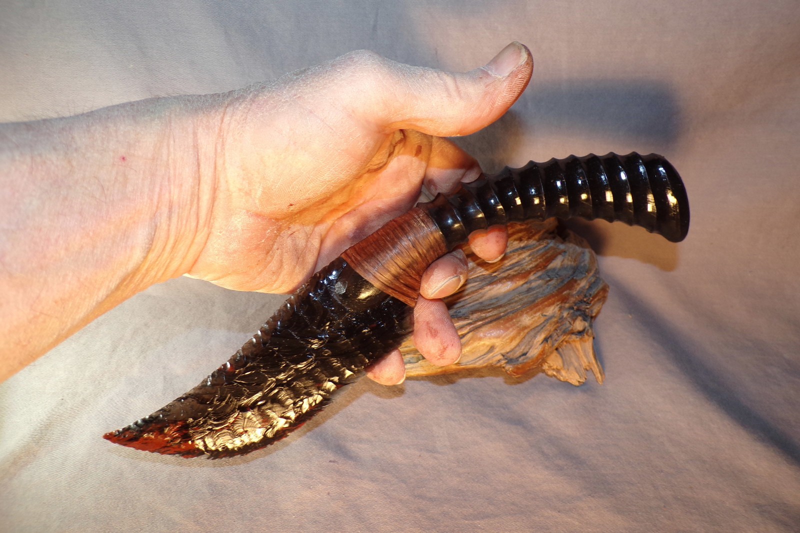 Triple Flow Obsidian Skinning Knife Carved African Antler Handle Flint Knapping