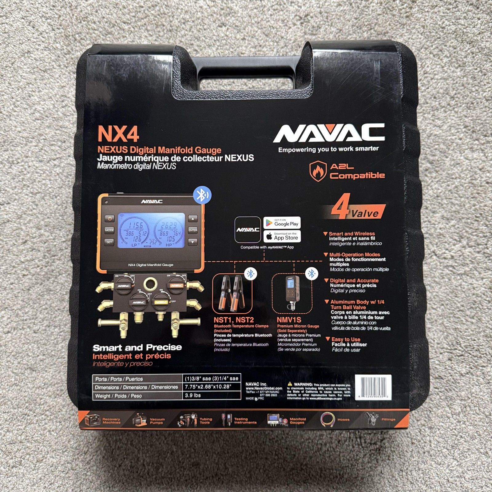 NAVAC NX4 NEXUS Digital Manifold Gauge 4 Valve Bluetooth Clamp Probes Black HVAC