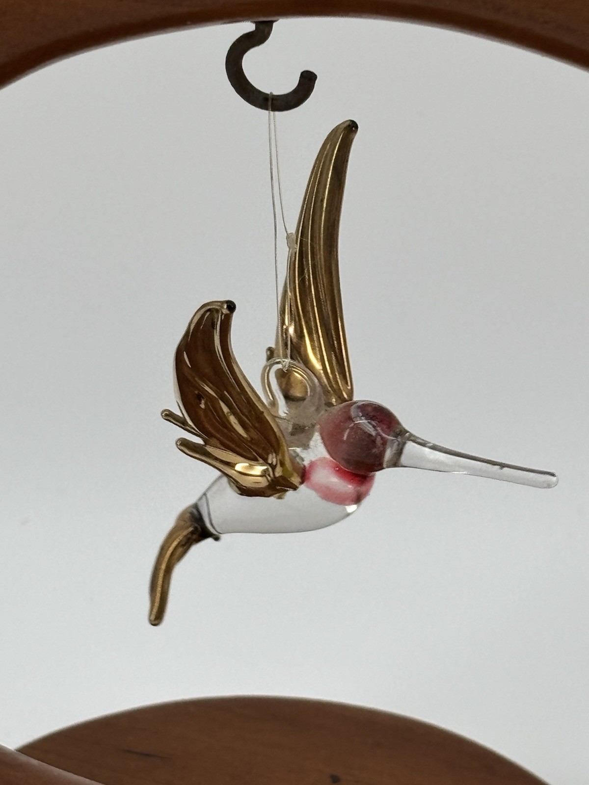 Vtg Wood Crescent Stand With Glass Hummingbird Moon Ornament Display Holder 7"