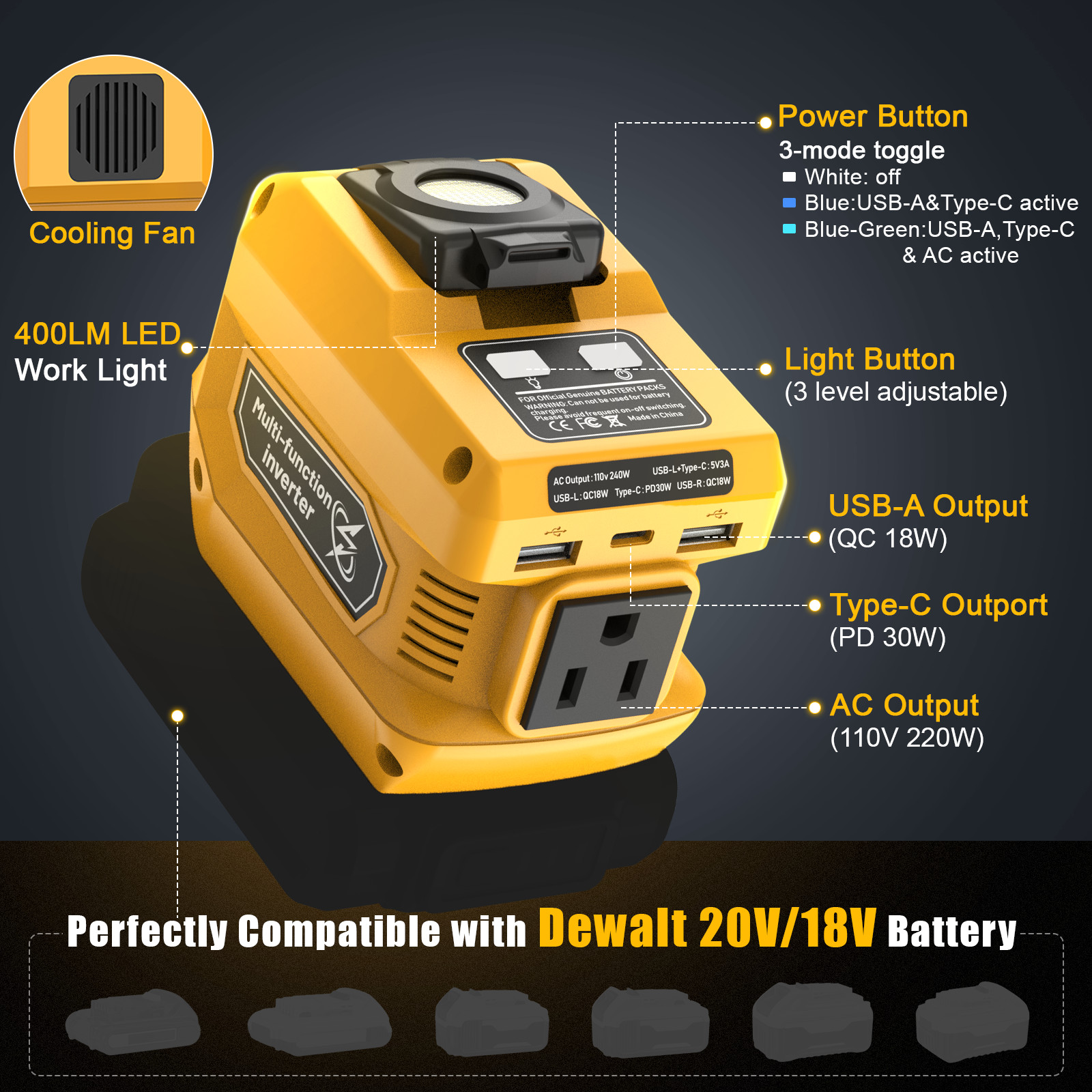 220W Power Inverter Compatible with Dewalt 20V Battery - DC 20V to 110V AC