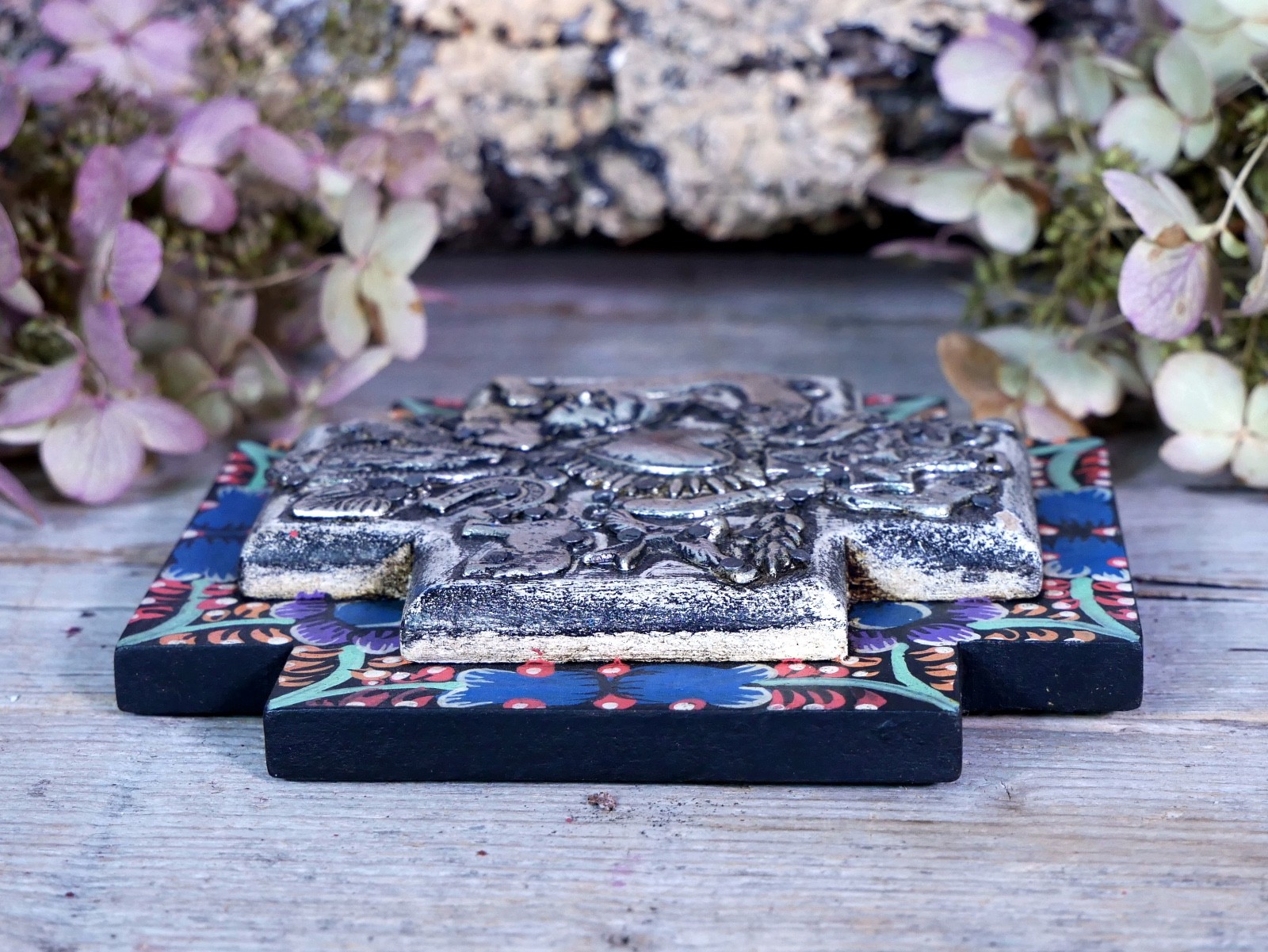 Greek Cross Wood Milagros Hand Painted Floral Boarder Handmade Mexican Folk Art