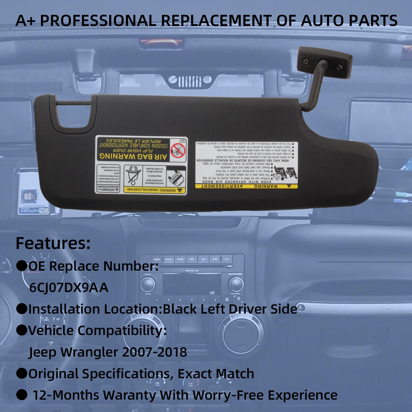 Black Left Driver Side Sun Visor w/Mirror For Jeep Wrangler JK 07-18 6CJ07DX9AA