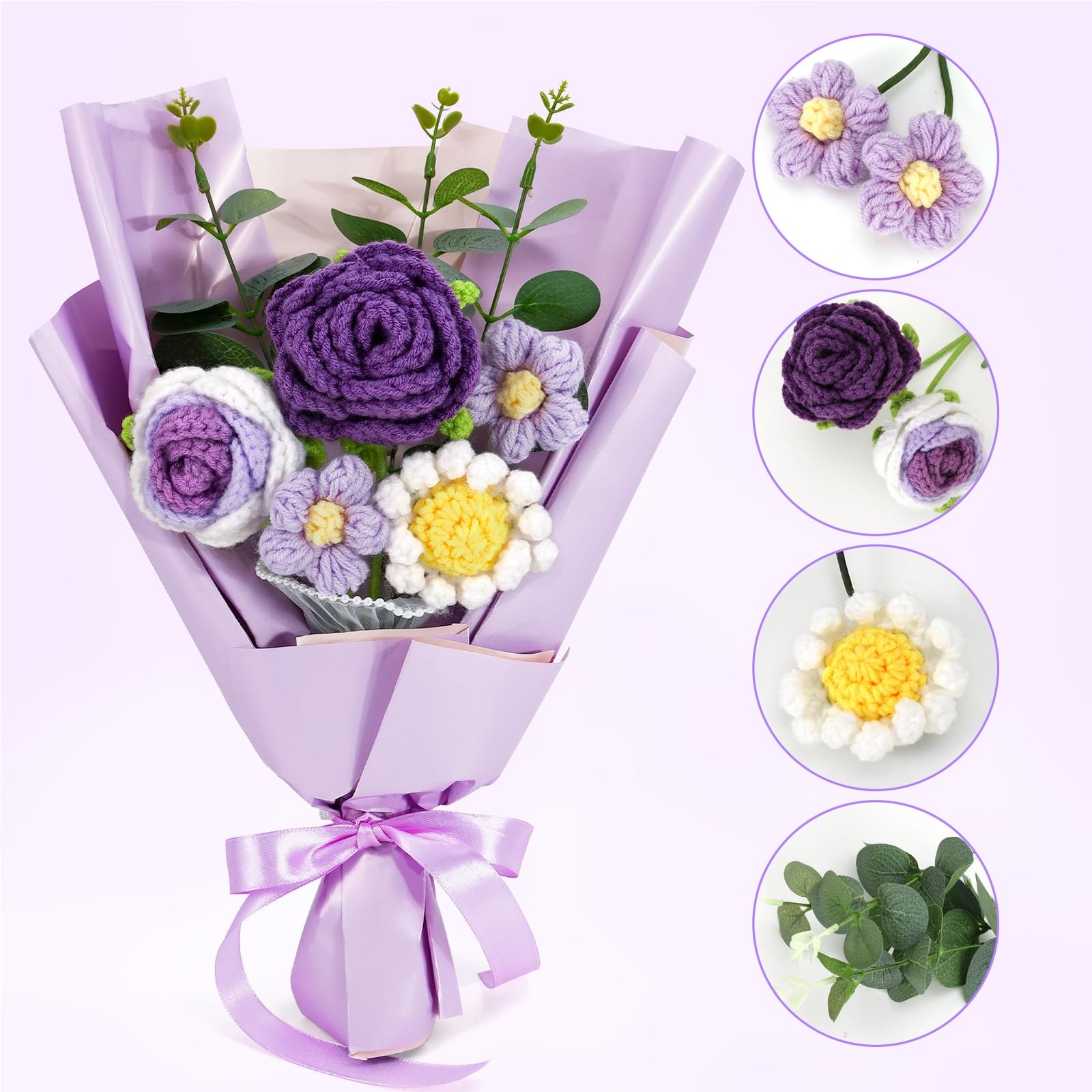 Omldggr Crochet Flowers Bouquet, Knitted 14 x 7.8 x 2.4 inches, Purple-rose