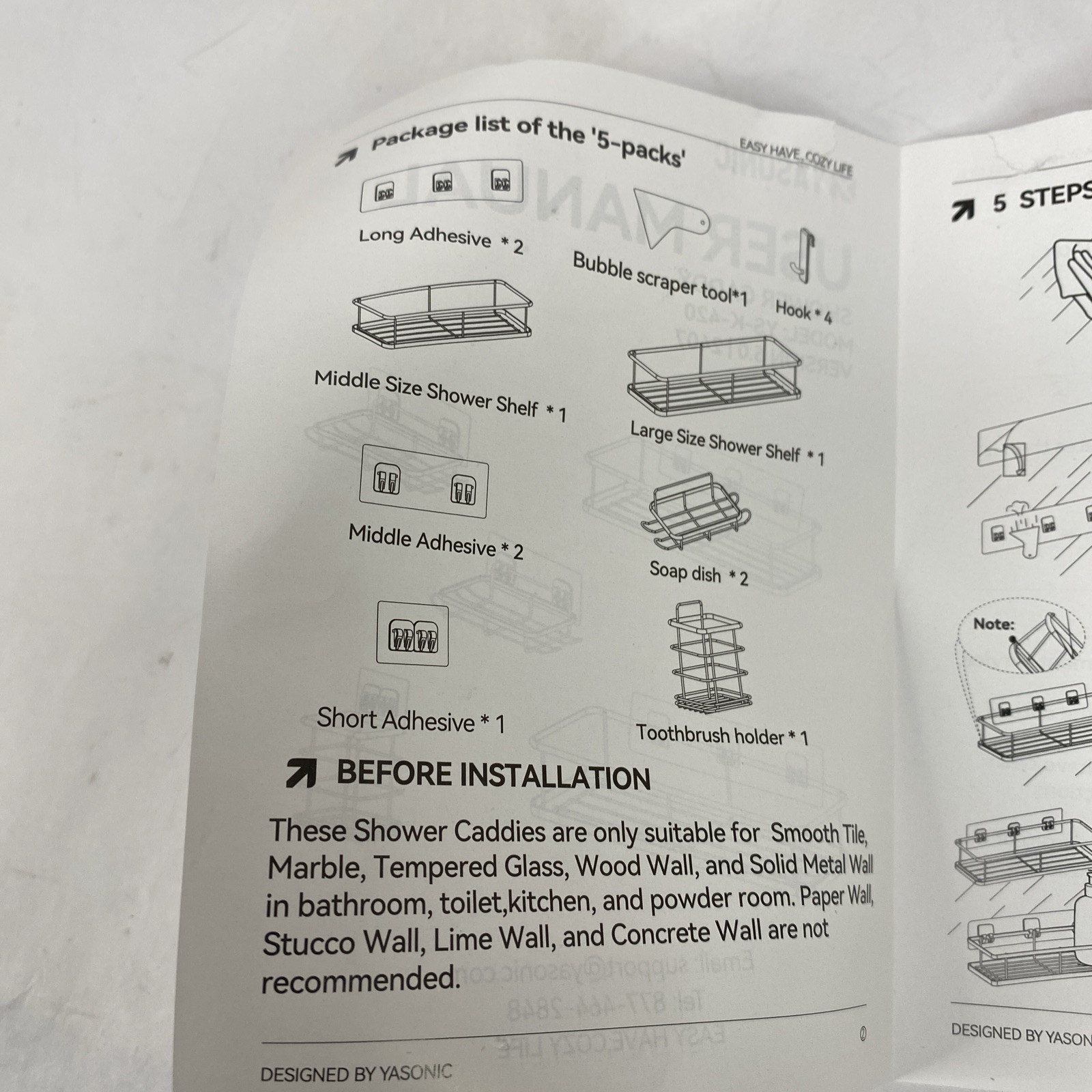 5 Pack Black Shower Caddy No Drill, Bathroom Organizers Removable Hooks - New