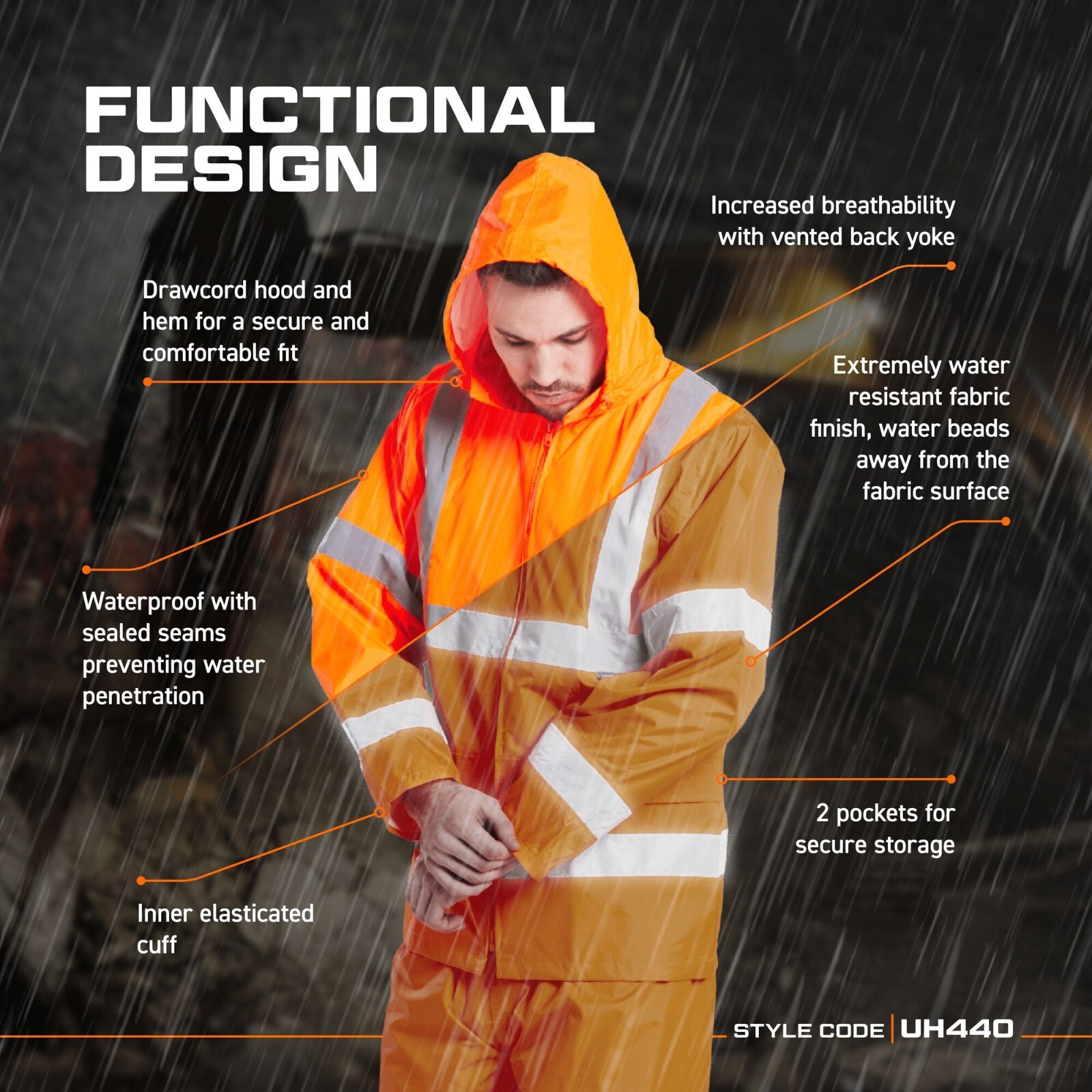 Portwest UH440 Mens Waterproof Hi Vis Rain Jacket Reflective Lightweight Safety