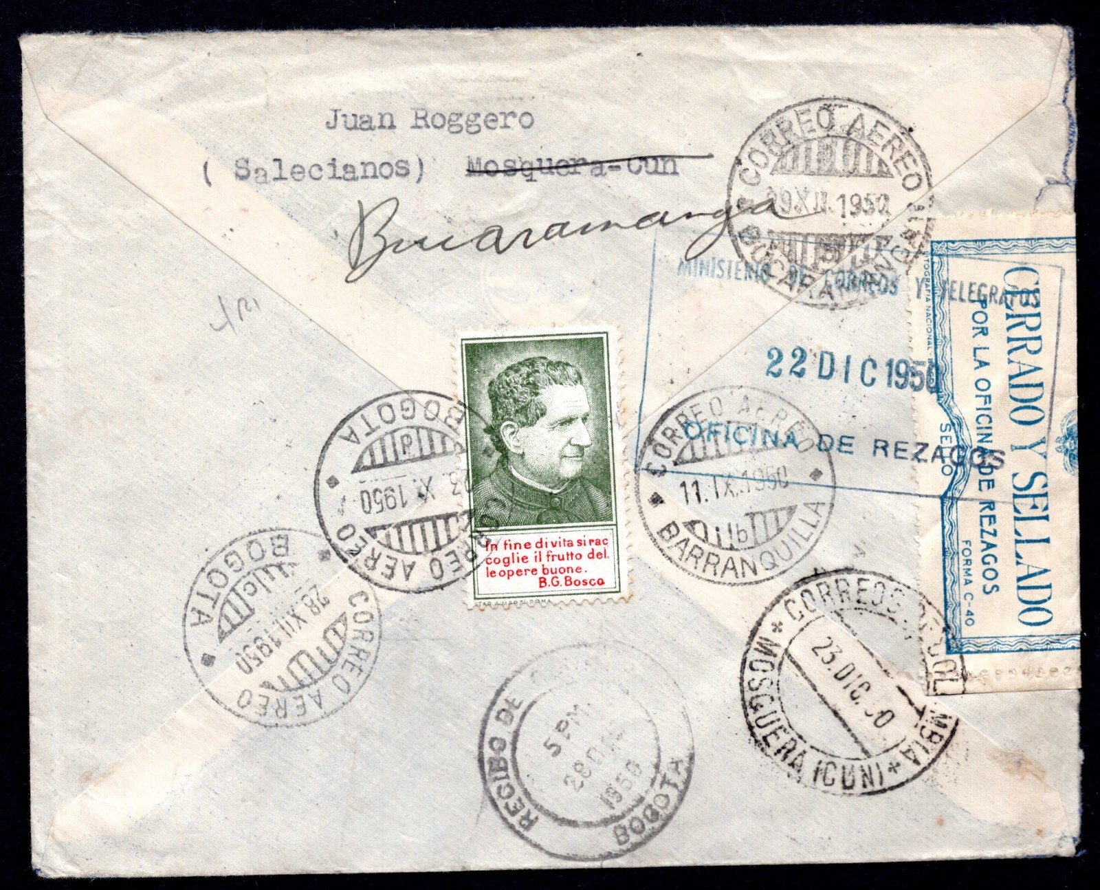 COLOMBIA 1952 REROUTED BARANGUILA TO BUCARAMANGA COVER RARE OPEN & SEALED LABEL