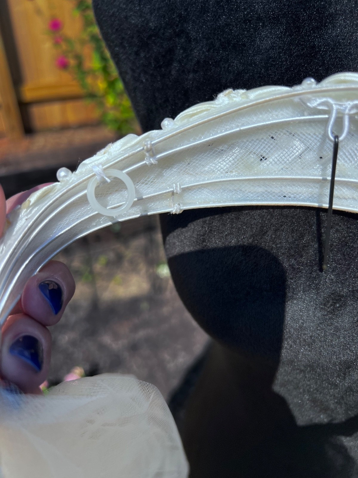 Vintage White Wedding Veil With Pearl & Beaded Headband Double Layer Satin Edge