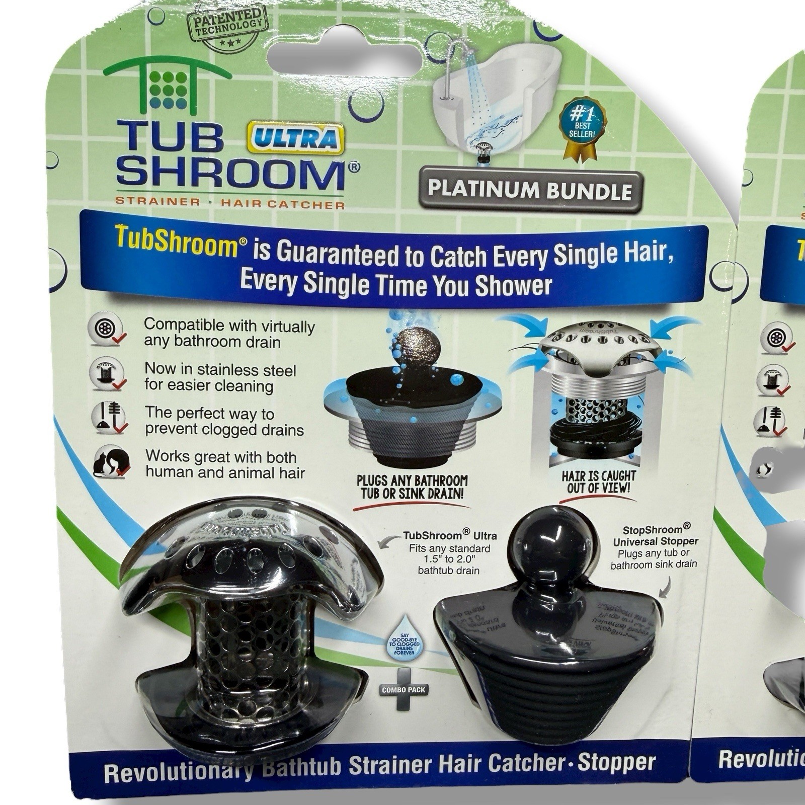 TubShroom Ultra Platinum Bathtub Hair Catcher Drain Strainer Stopper 2 Pack
