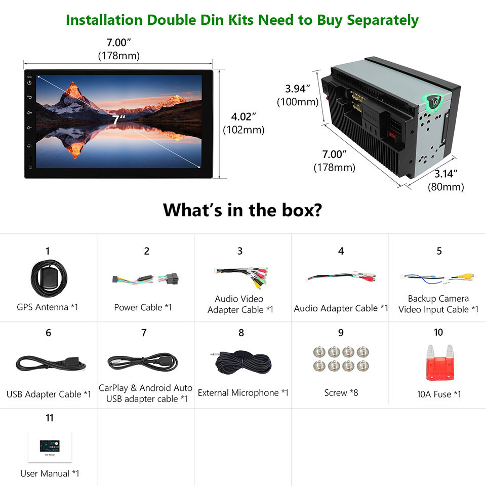 Q04SE CarPlay Android Auto 10 Double 2 Din 7"Car Stereo GPS Radio WiFi Head Unit