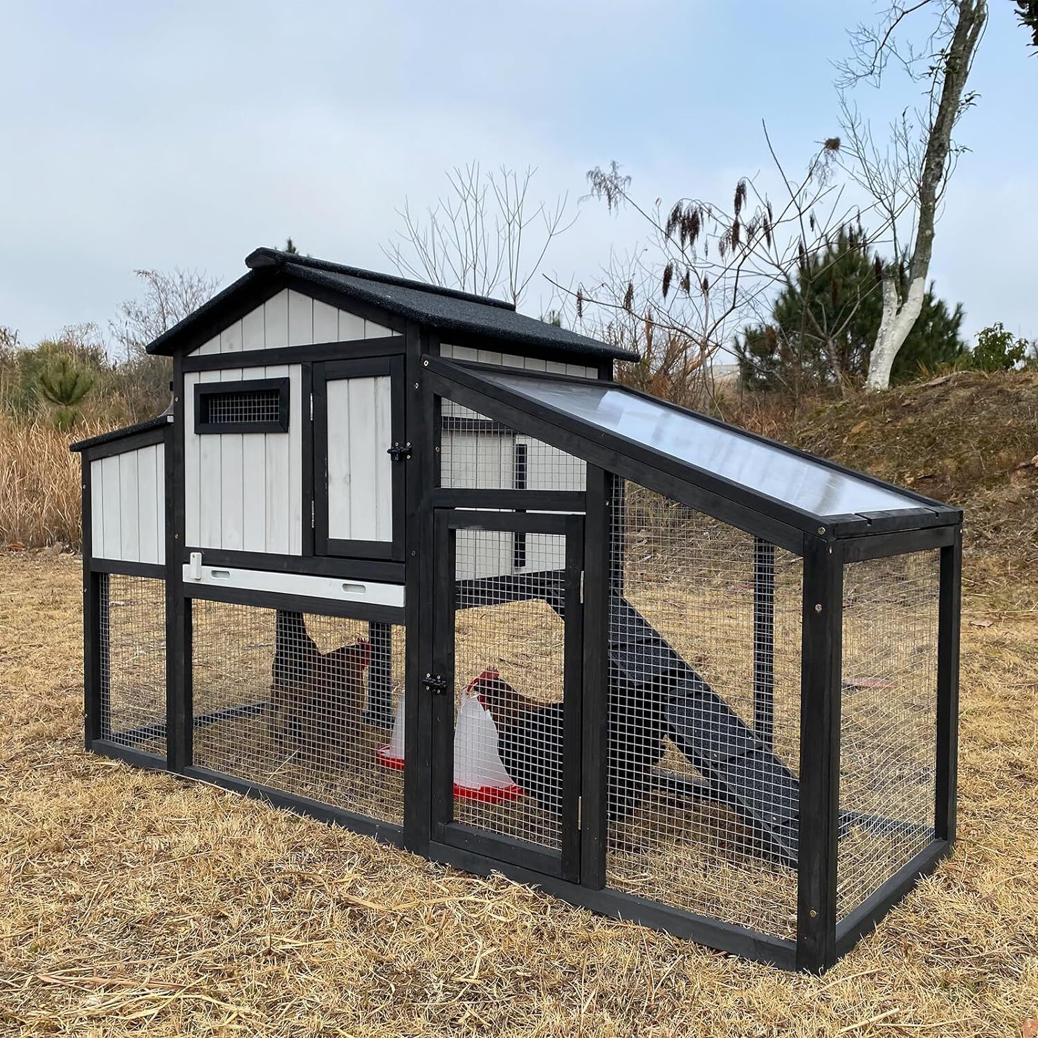 PetsCosset Chicken Coop Outdoor Wooden Backyard 2-Story Hen House Chicken Run