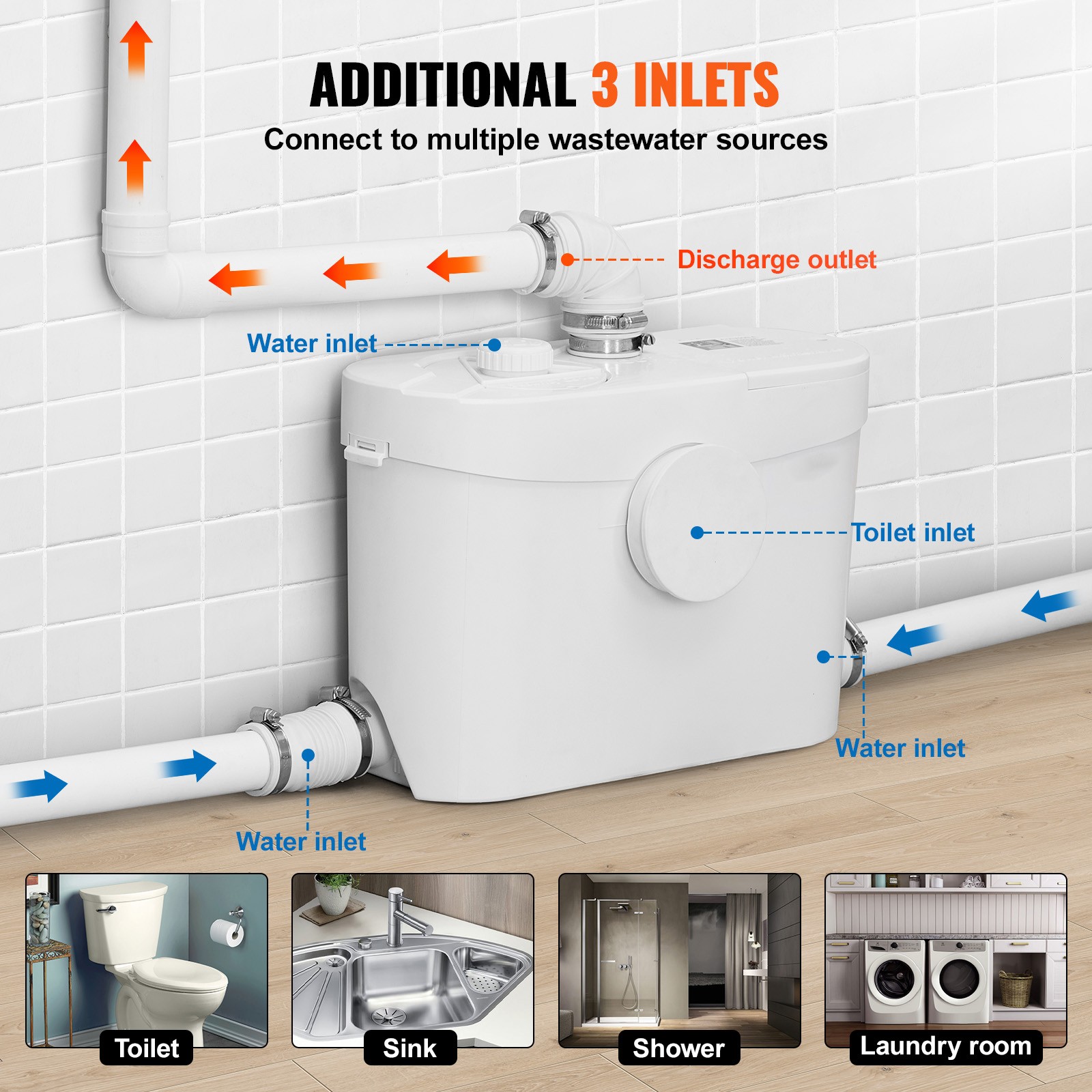 Uimoso Macerating Toilet System with 700W Pump Upflush Toilet For Basement