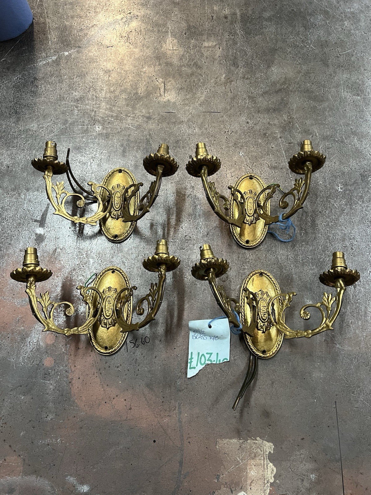Set of 4 Antique Victorian Brass Double Arm Wall Sconces NOS Vintage Bundle/Set