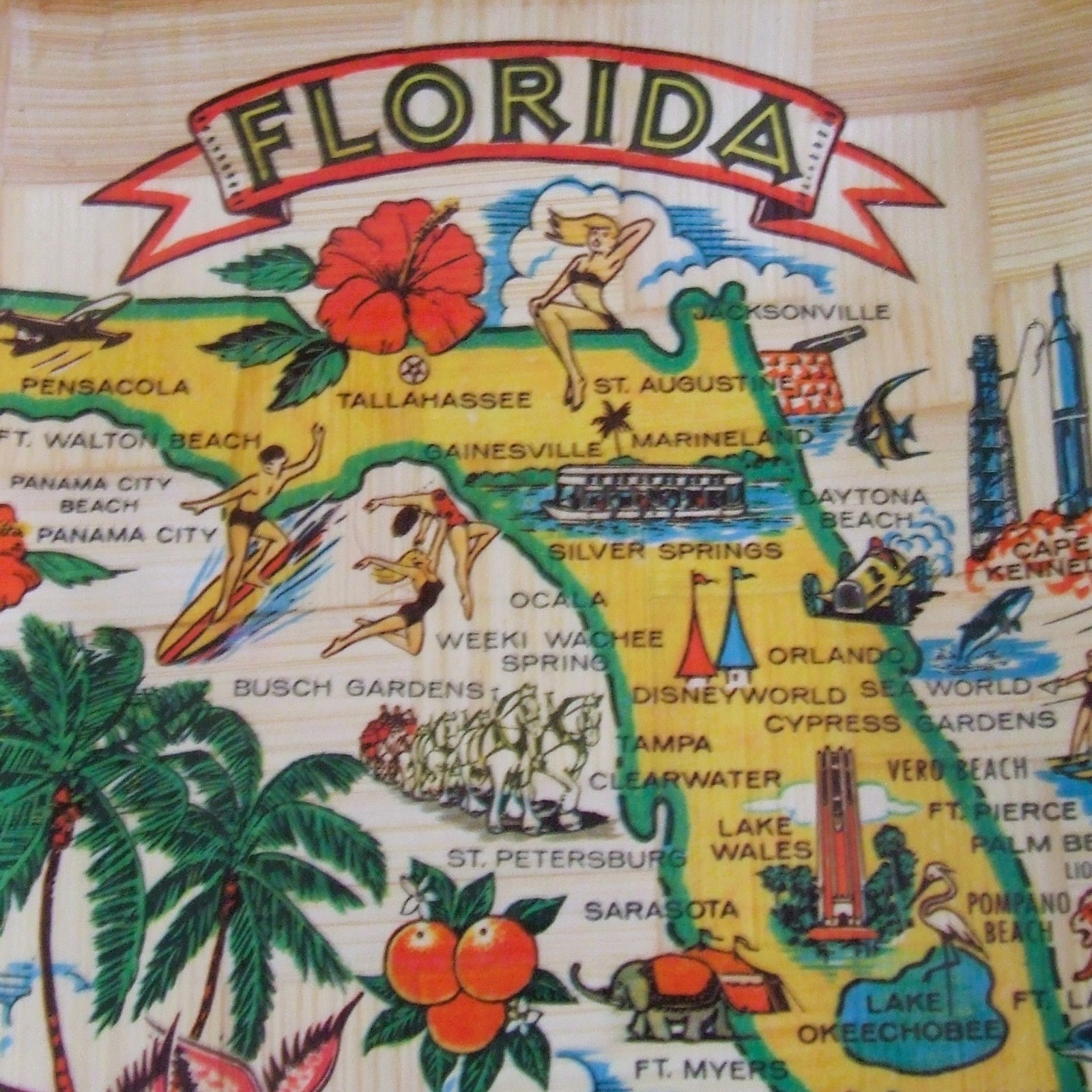Carrib Novelty Florida State Map Square 11" Bamboo Bowl Retro Inspired Souvenir