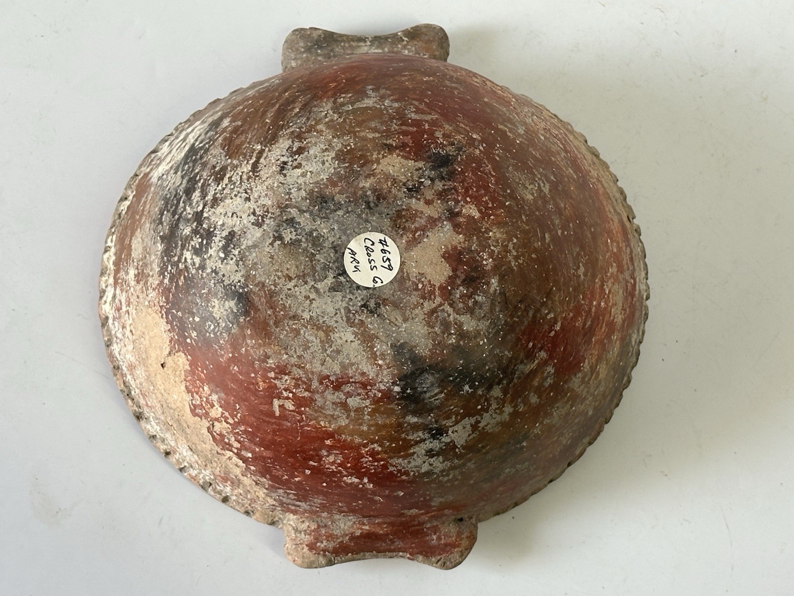 COLORFUL RED QUAPAW POTTERY HANDLED PIE CRUST BOWL ARKANSAS MISSISSIPPIAN JAR