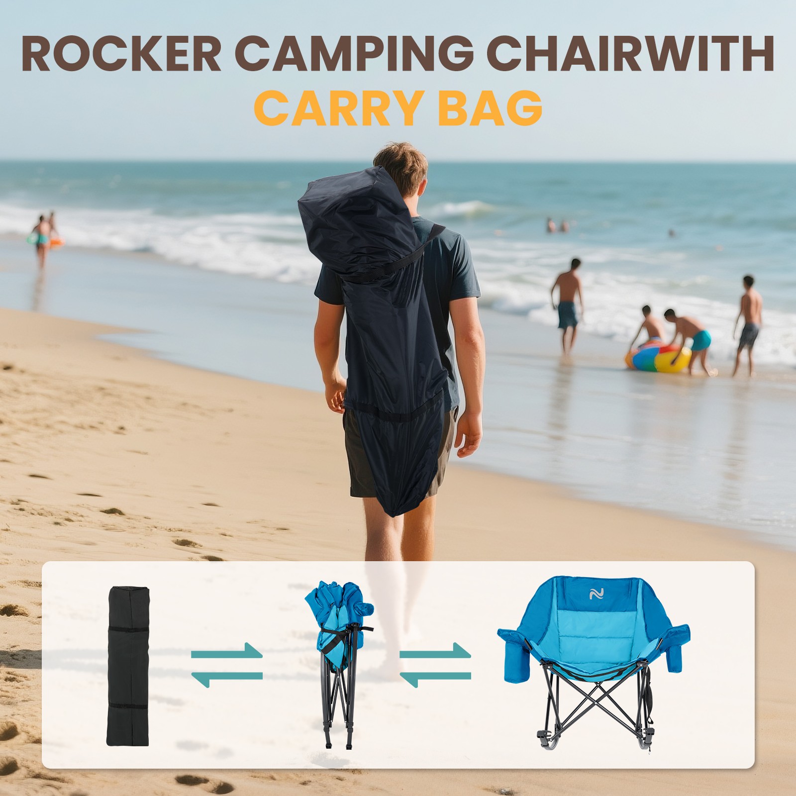 NAIZEA Rocking Chair Outdoor Folding Camping Chair with Cooler Bag Side Pocket