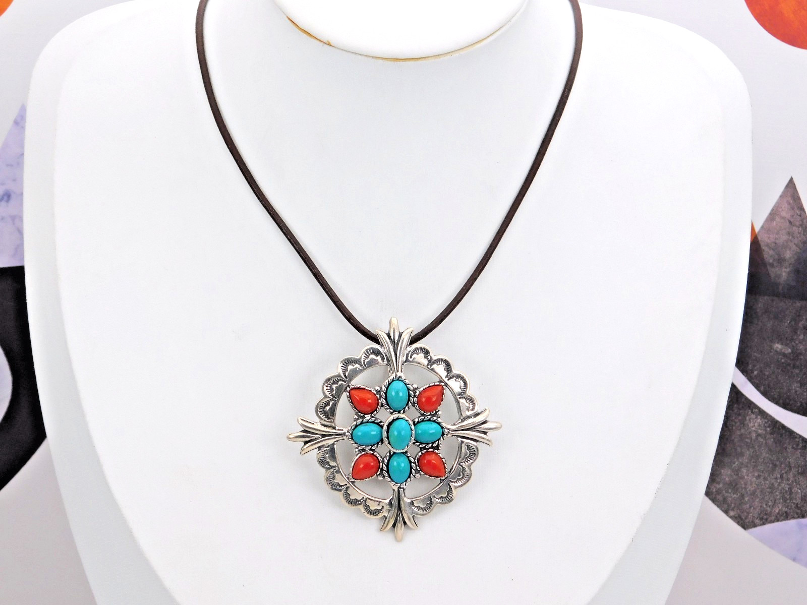 Beautiful Carolyn Pollack Sterling Leather Necklace + Multi-Stone Pendant