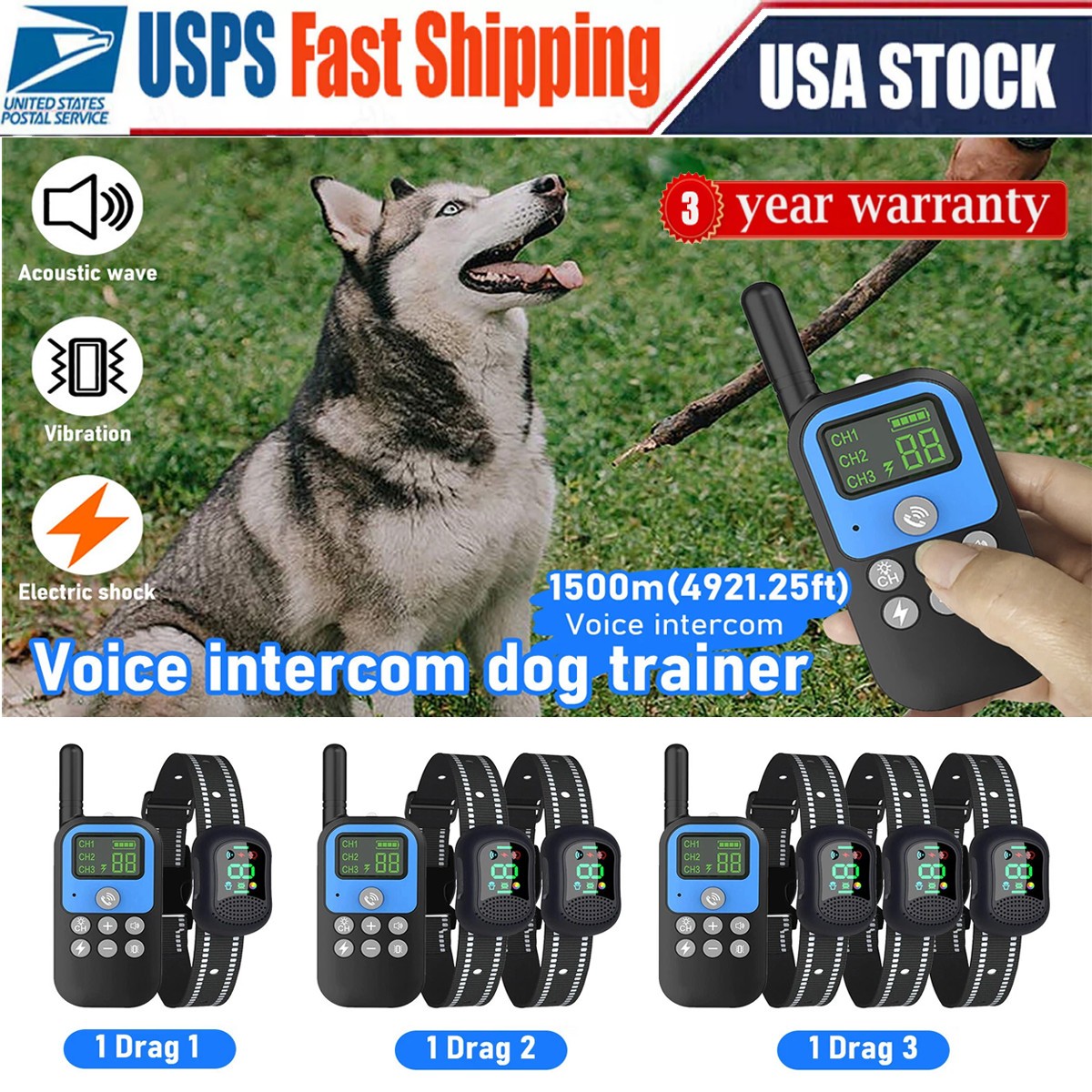 2025 Dogs Training Collar 4900FT Remote Rechargeable Shock Dog WaterproofTrainer